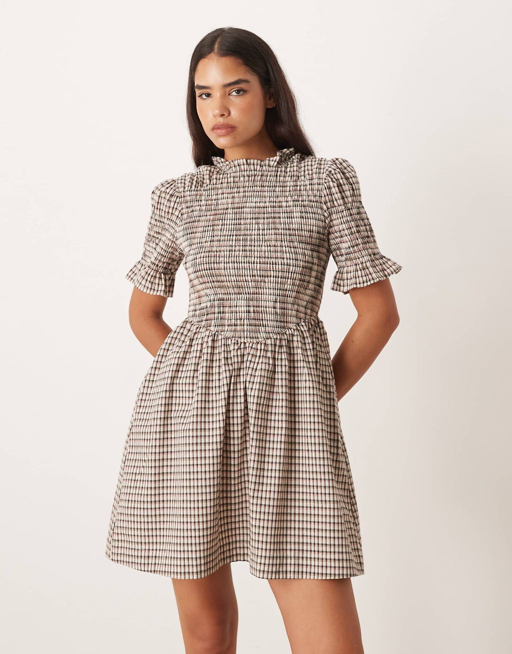 YAS plaid mini dress in cream
