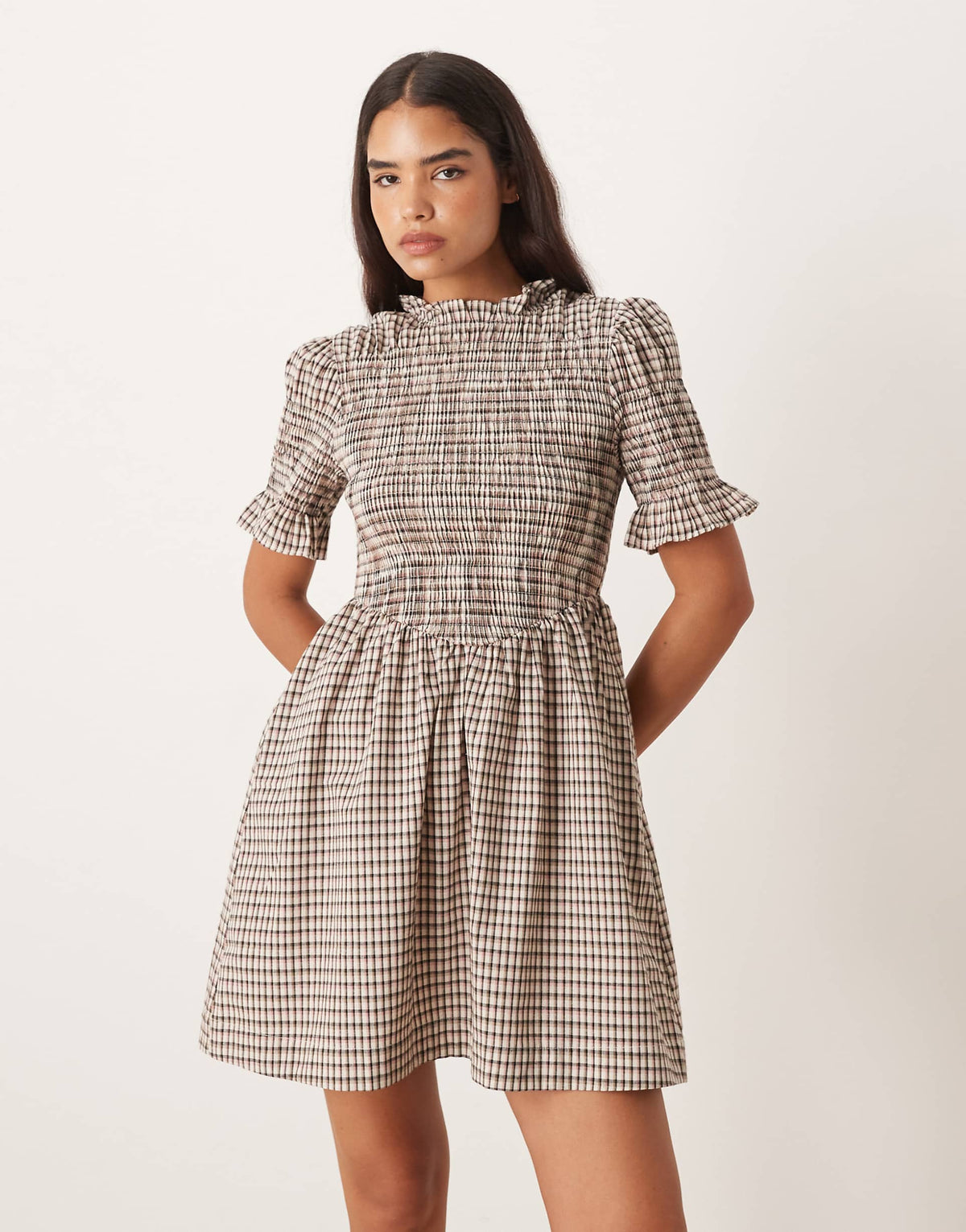YAS plaid mini dress in cream