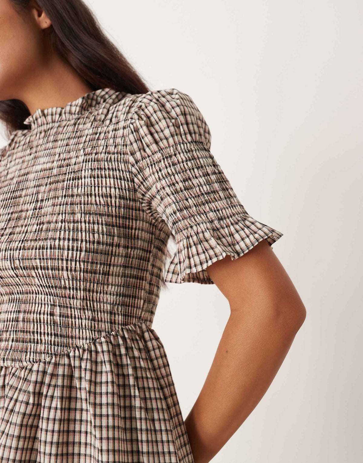 YAS plaid mini dress in cream