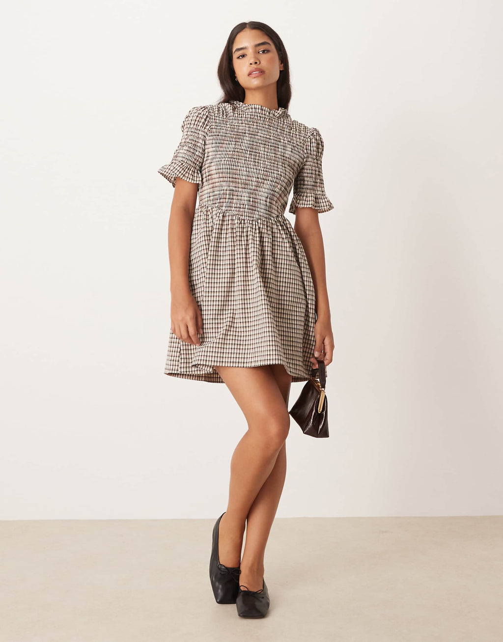 YAS plaid mini dress in cream
