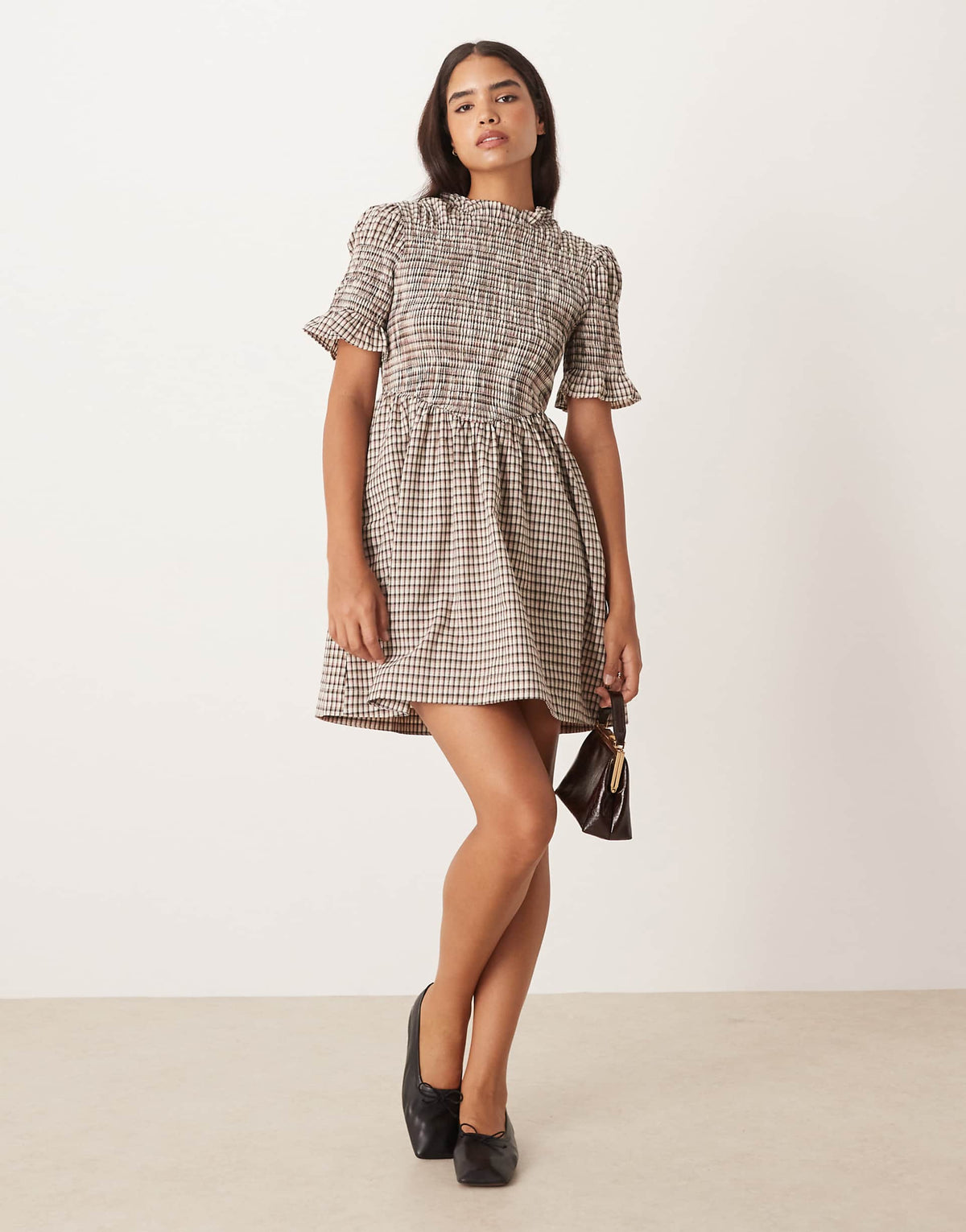 YAS plaid mini dress in cream