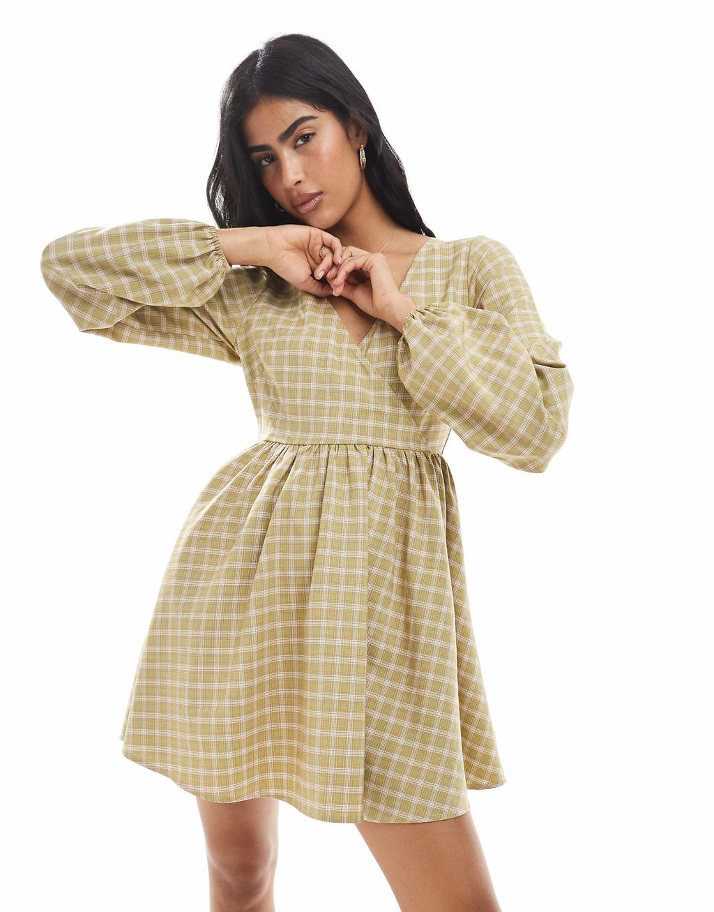 Daisy Street v neck mini dress in green plaid
