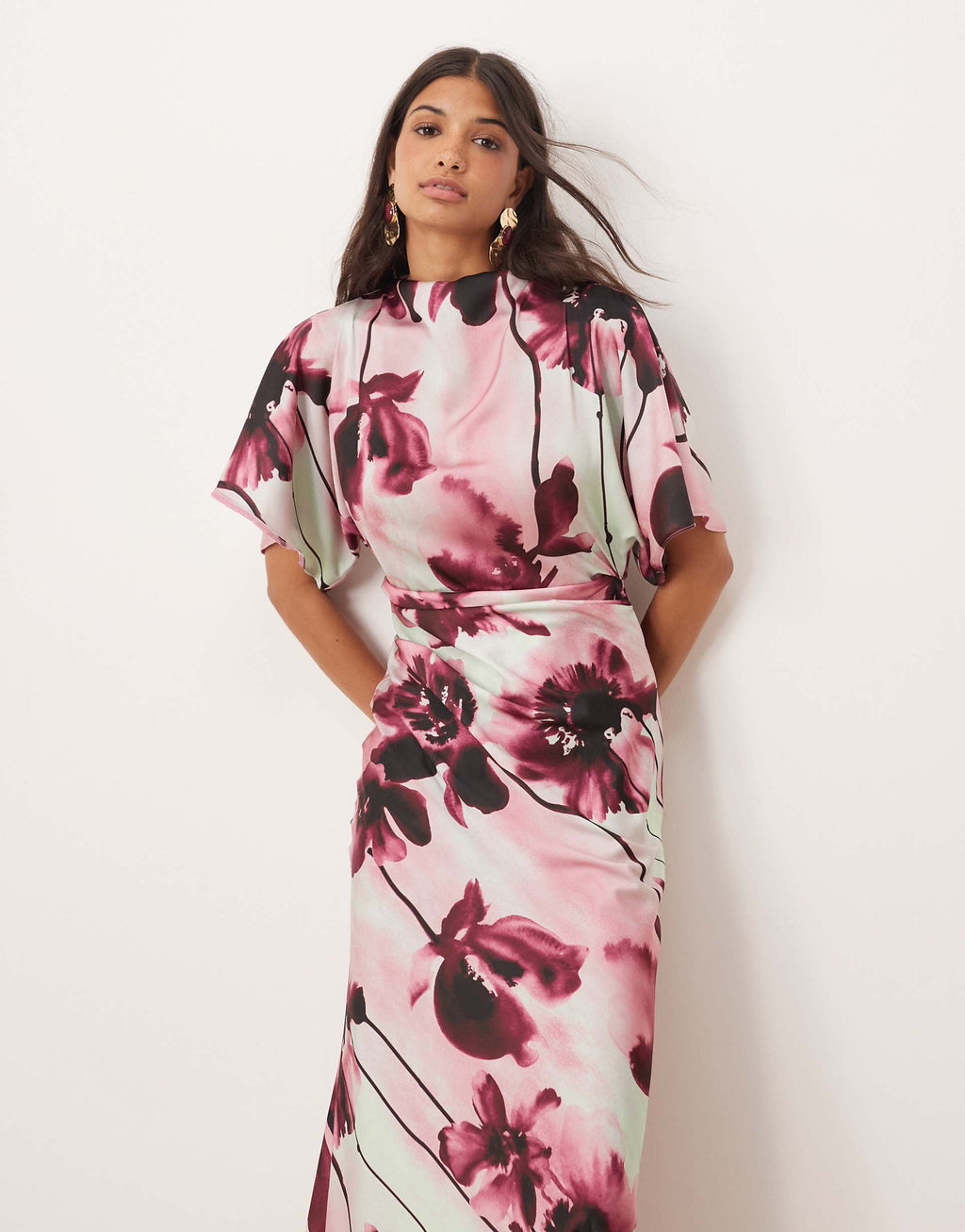 ASOS DESIGN satin high neck blouson maxi dress with flutter sleeve in oversized pink floral print