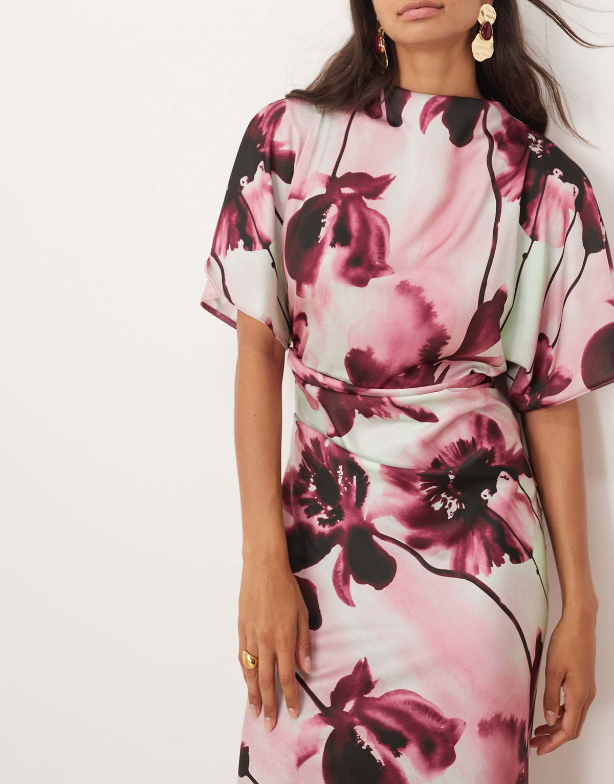 ASOS DESIGN satin high neck blouson maxi dress with flutter sleeve in oversized pink floral print
