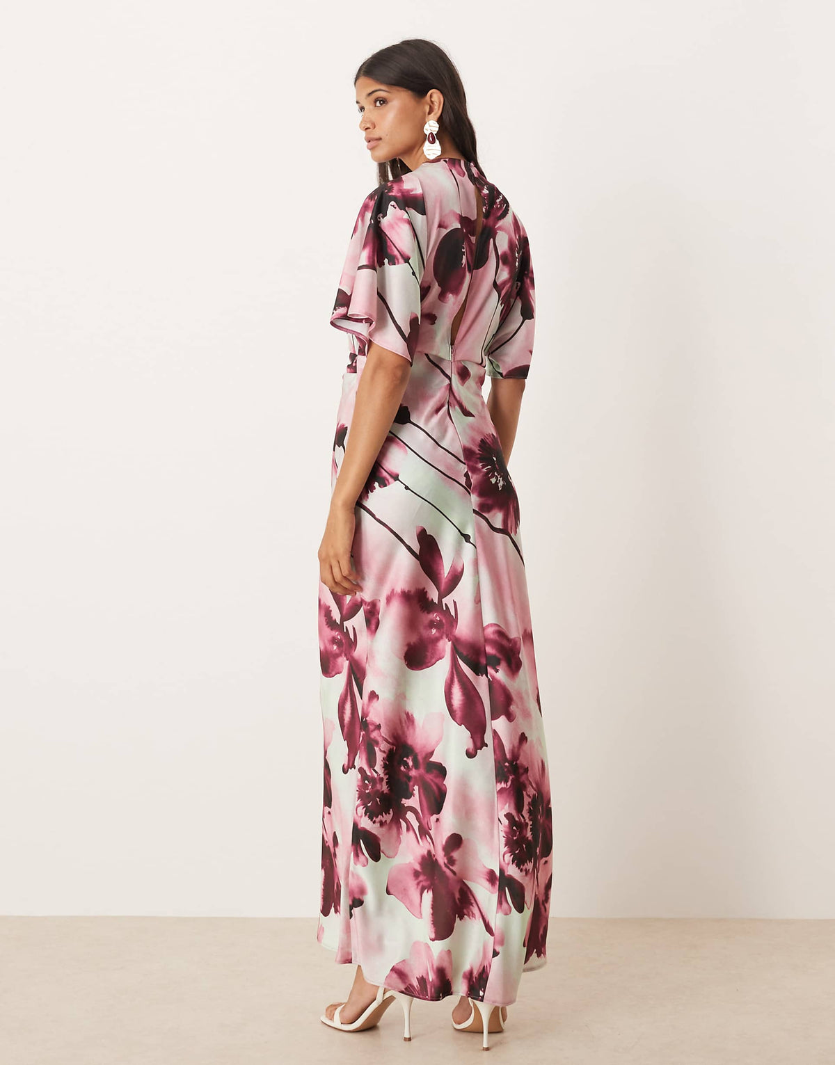 ASOS DESIGN satin high neck blouson maxi dress with flutter sleeve in oversized pink floral print