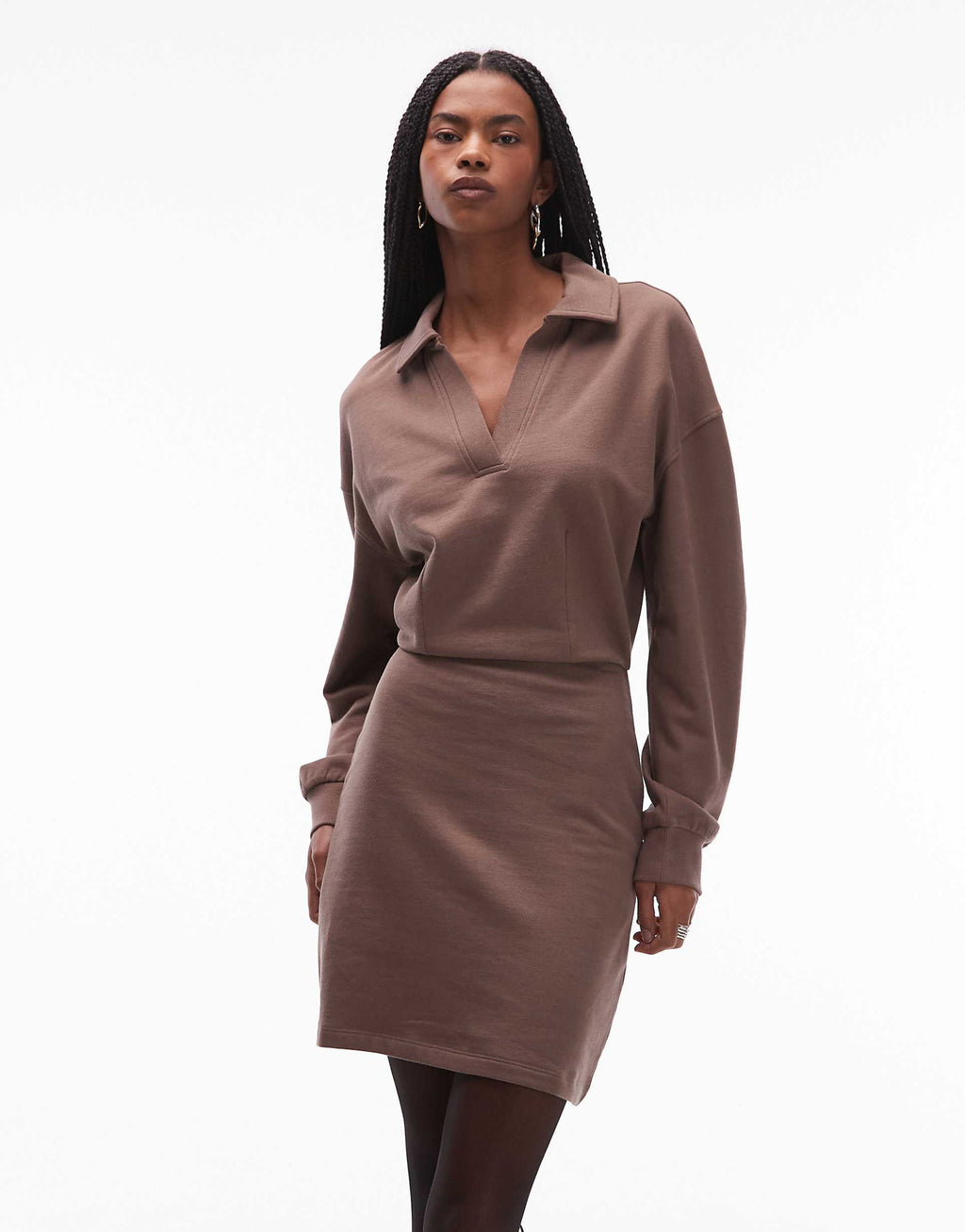 ASOS DESIGN cotton polo waisted sweatshirt mini dress in brown