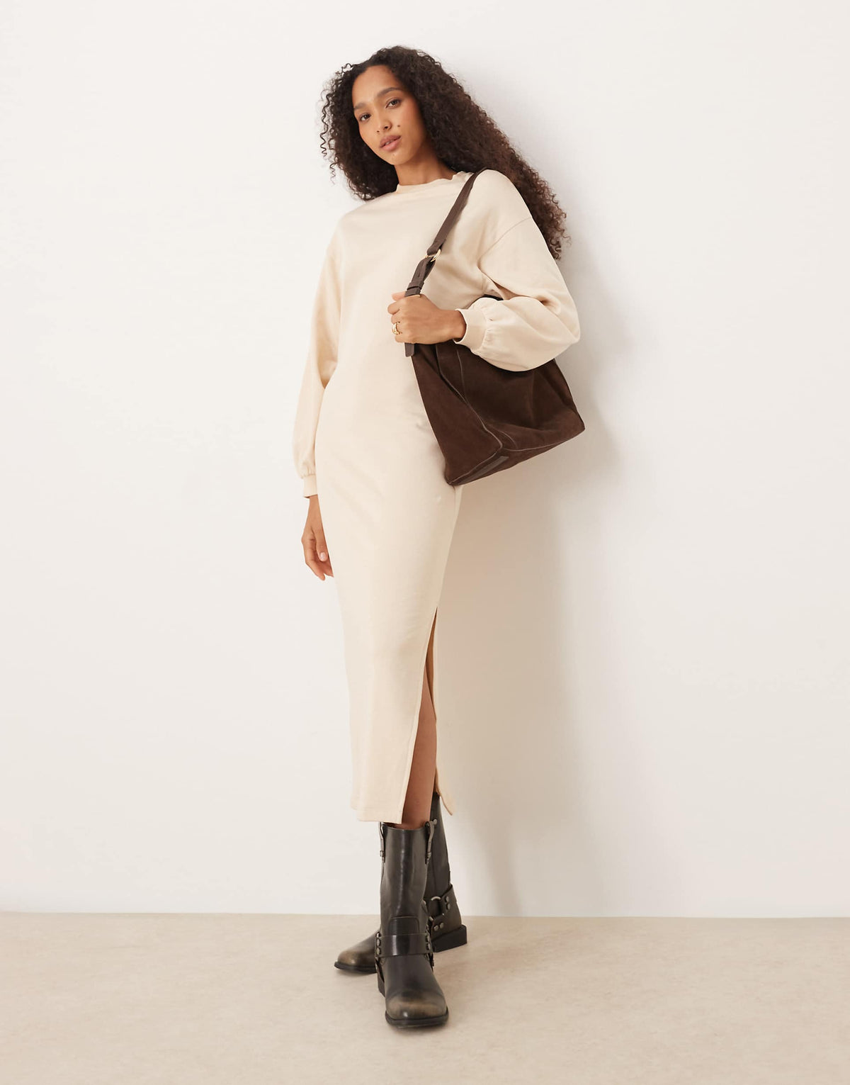 ASOS DESIGN cotton balloon sleeve midi sweat dress in cream