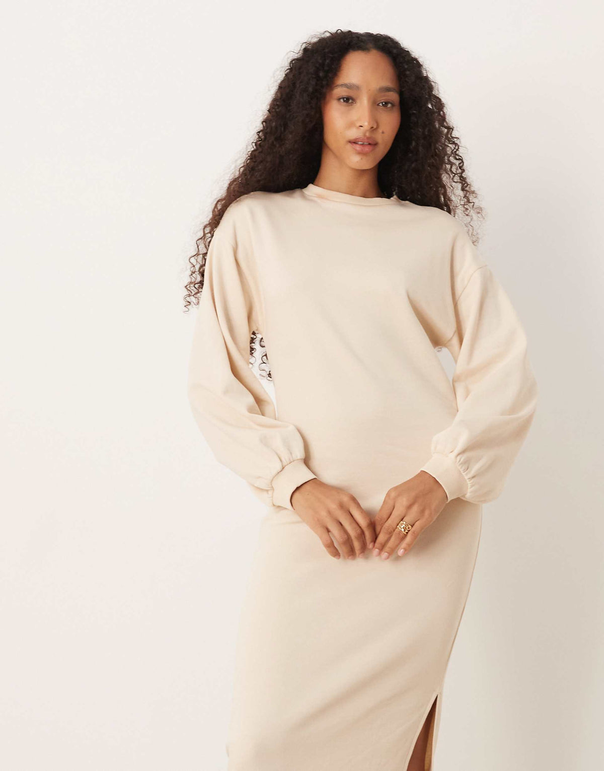 ASOS DESIGN cotton balloon sleeve midi sweat dress in cream
