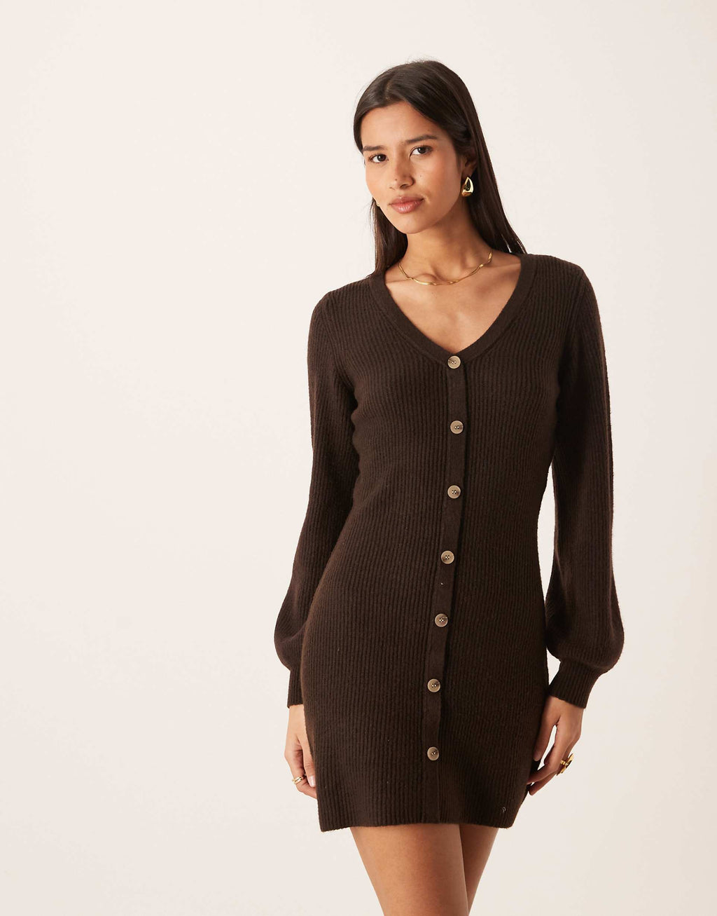 AWARE knit button front mini dress in chocolate