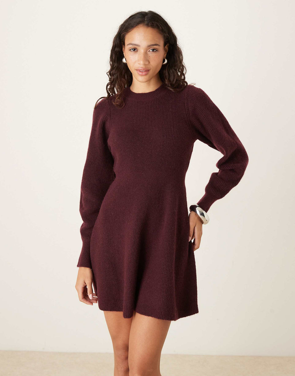 AWARE knit fit and flare mini dress in burgundy