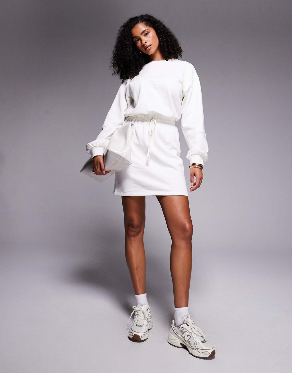 ASOS DESIGN cotton drawstring waist mini sweatshirt dress in stone