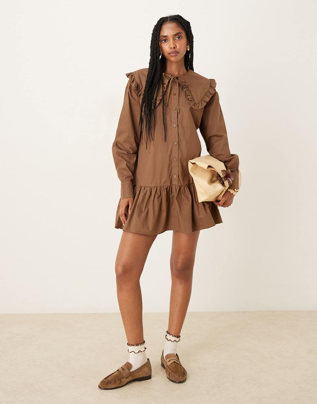 Glamorous button up smock mini dress in brown
