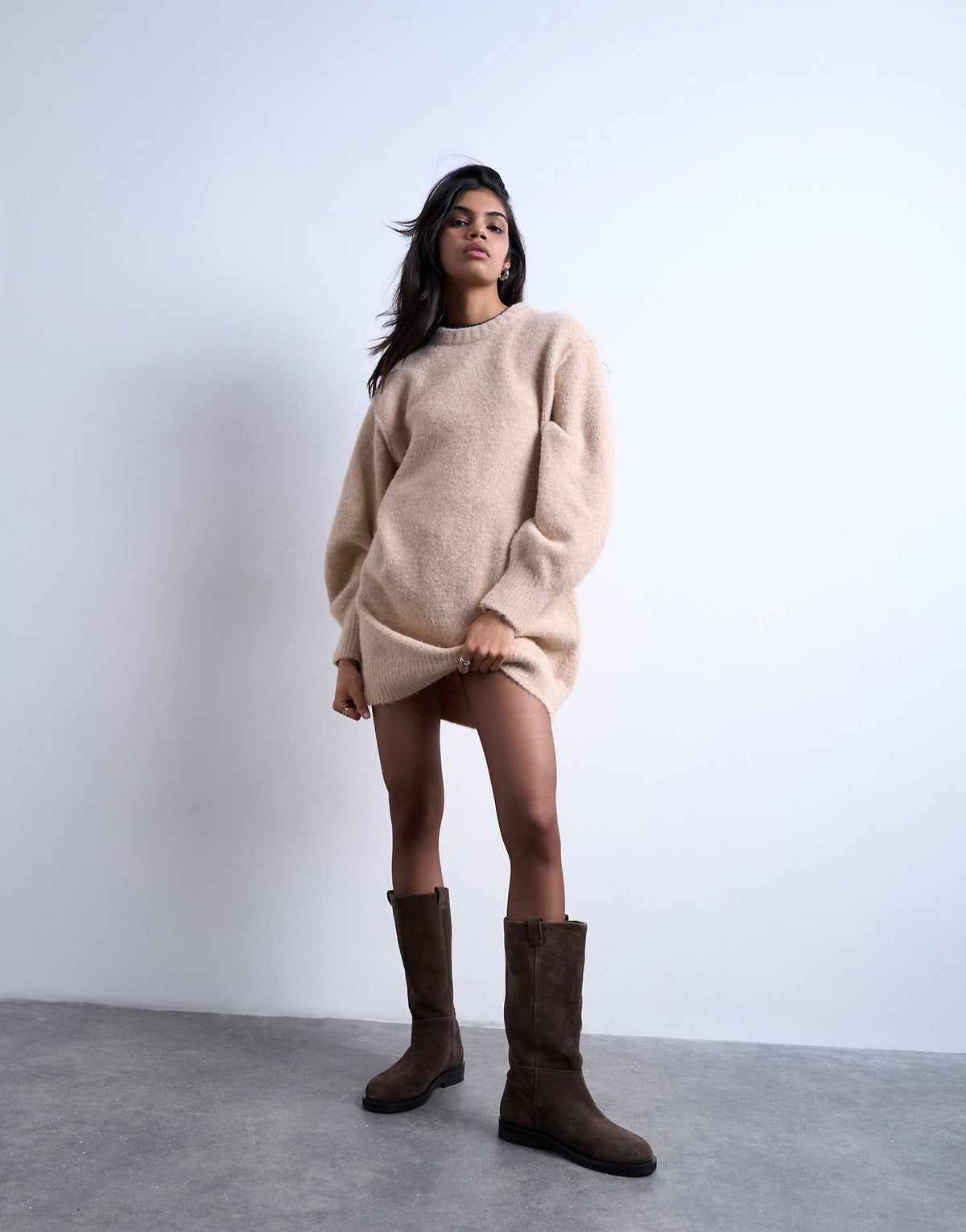 Topshop knit fluffy crew mini dress in oat
