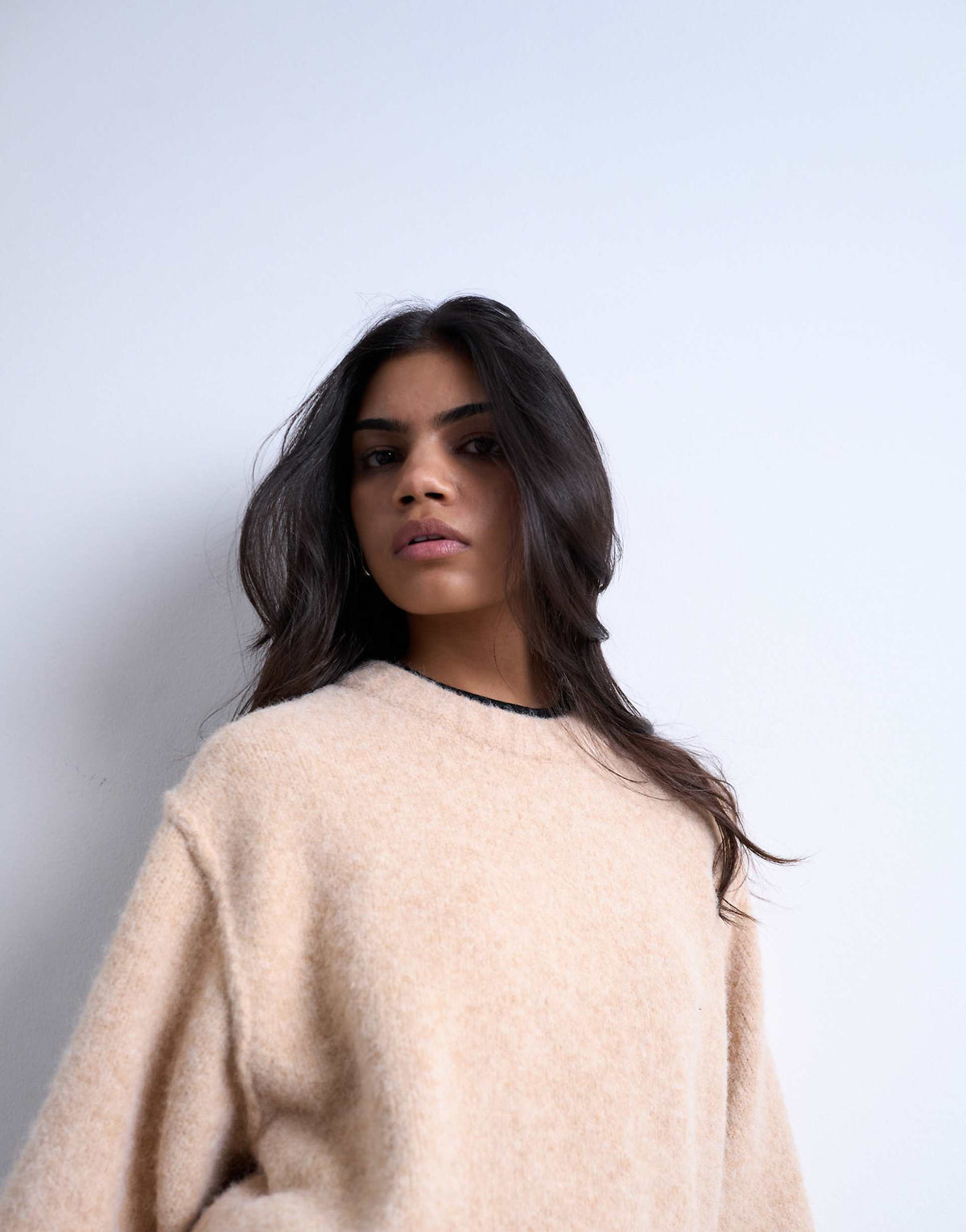 Topshop knit fluffy crew mini dress in oat