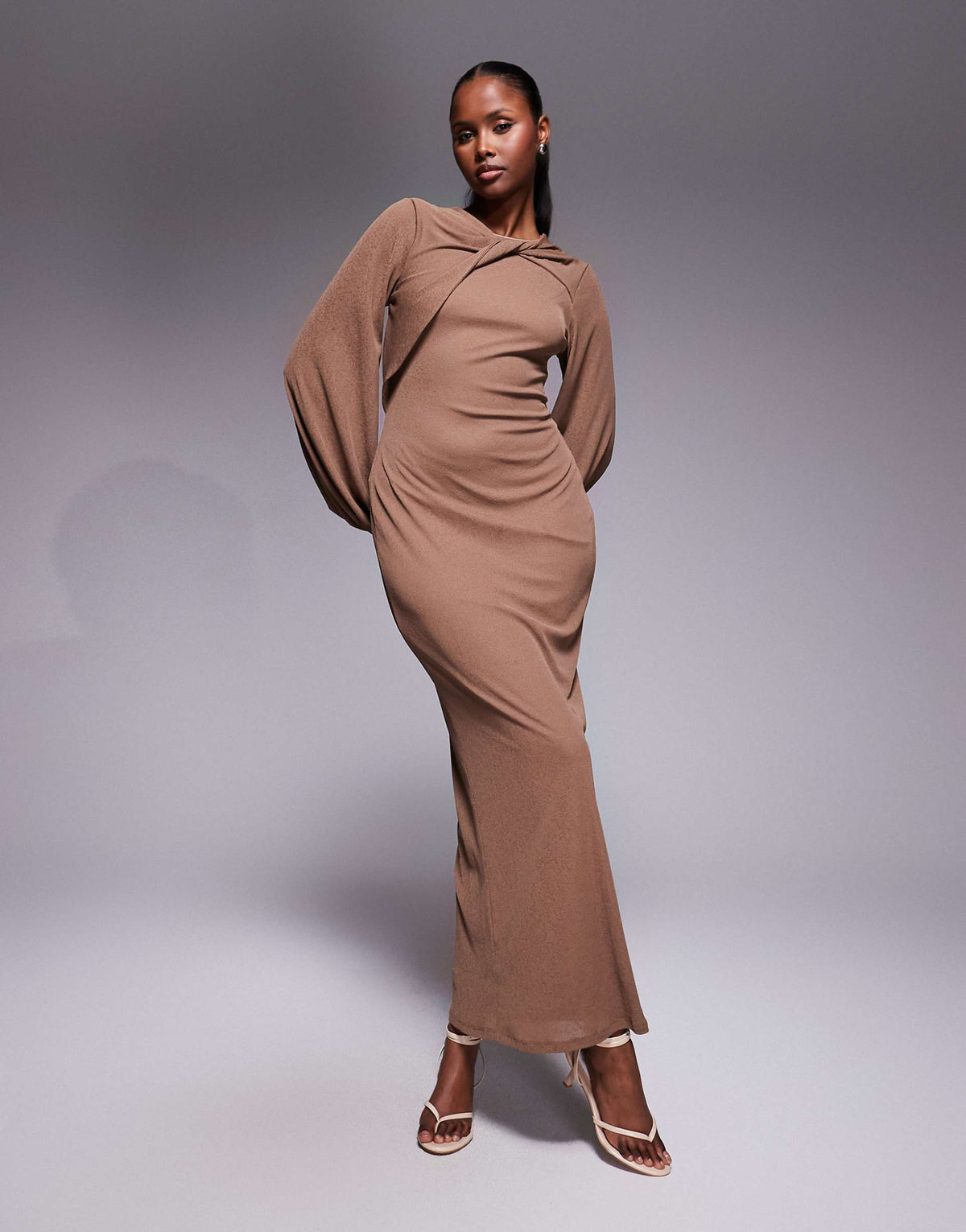 ASOS DESIGN long sleeve twist neck detail midi dress in brown