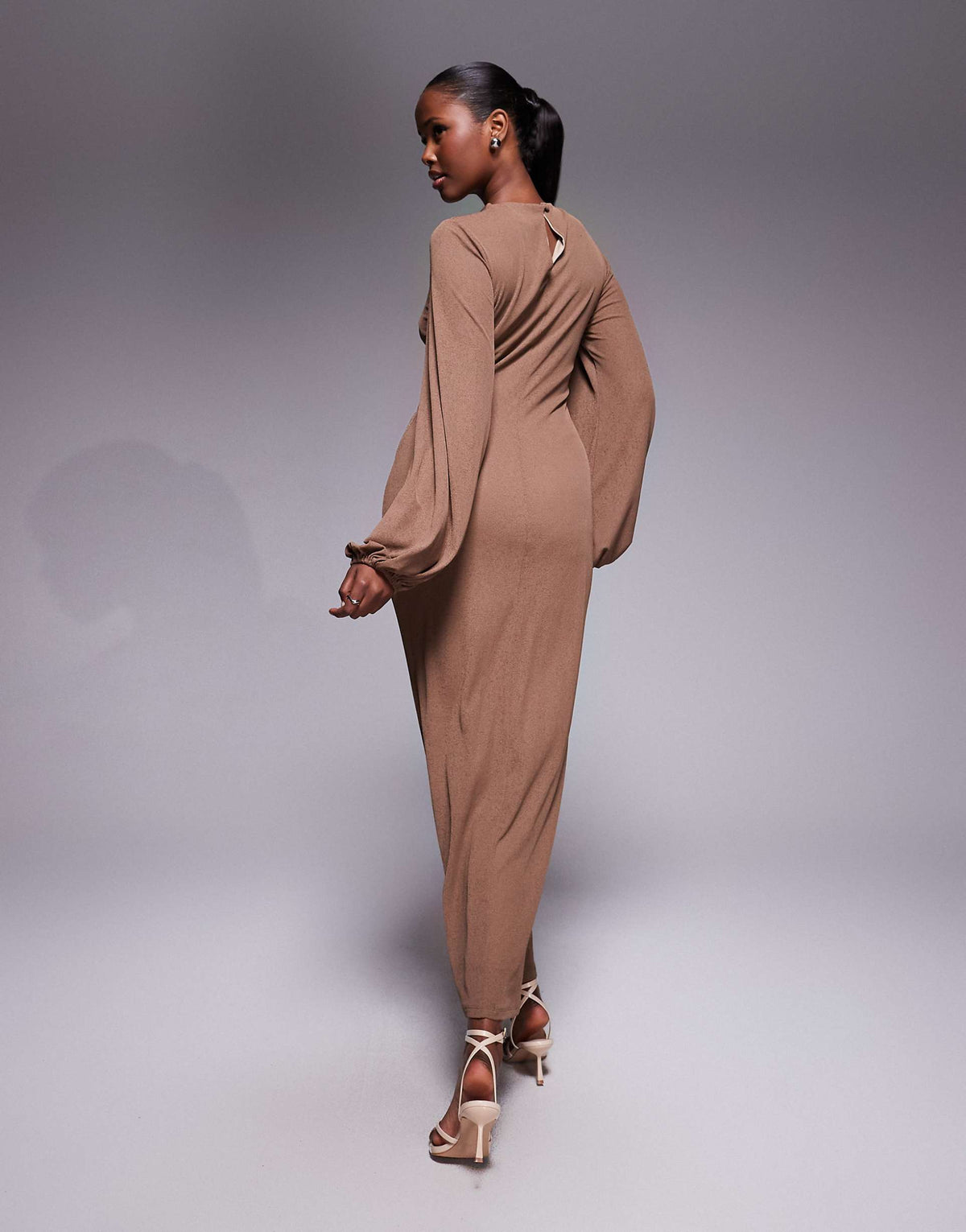 ASOS DESIGN long sleeve twist neck detail midi dress in brown