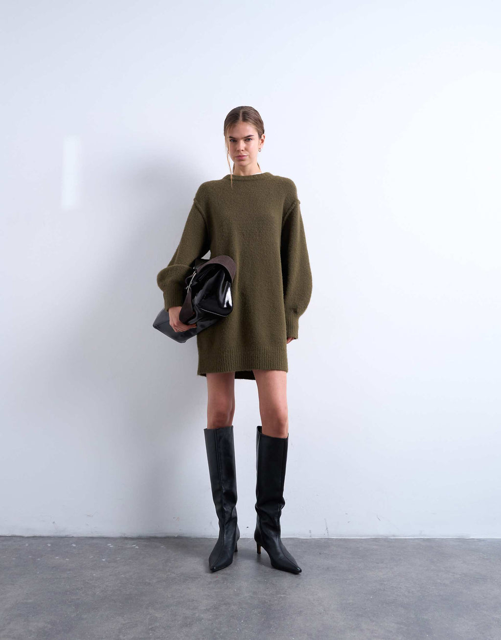 Topshop fluffy knit crew neck mini dress in khaki green