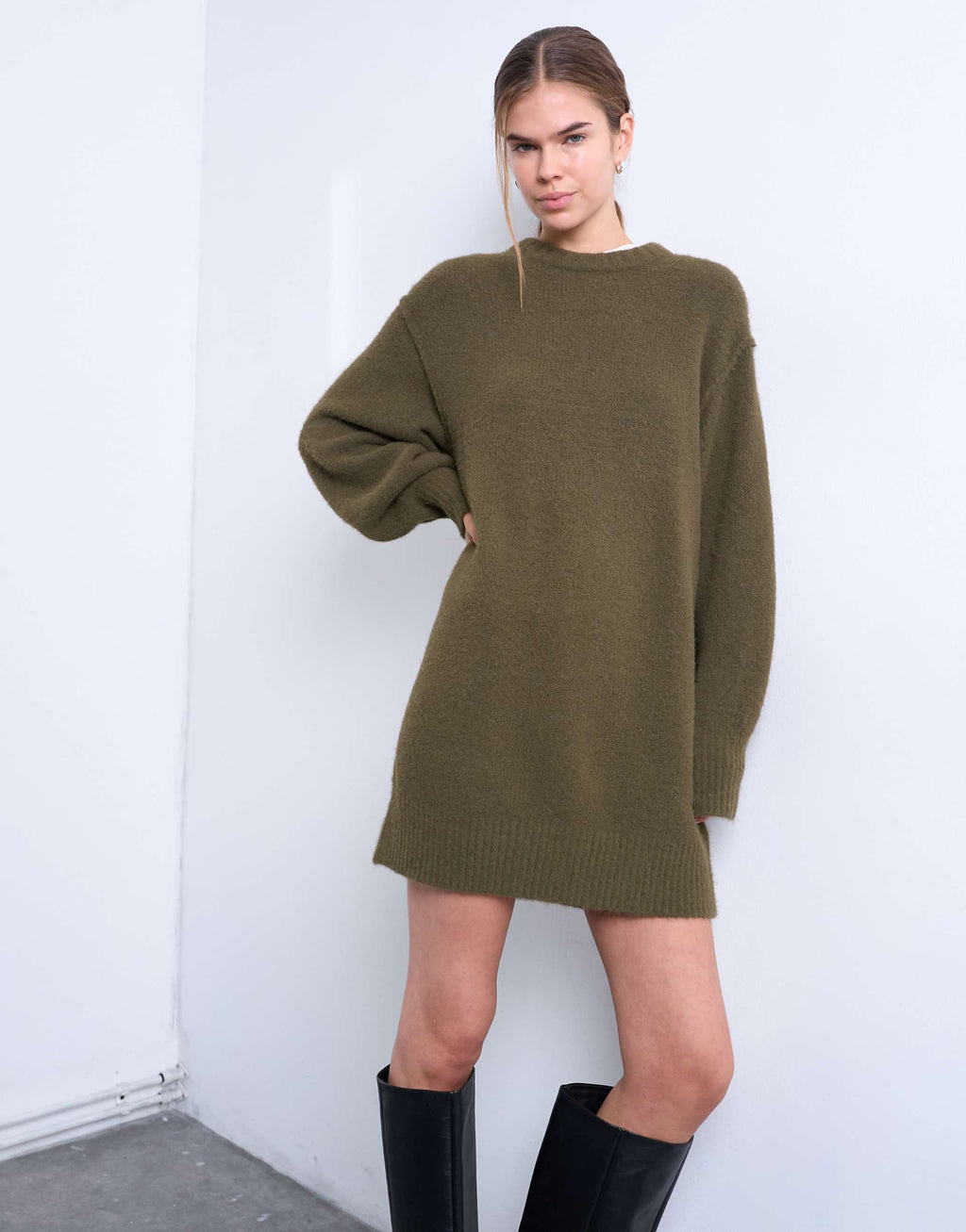 Topshop fluffy knit crew neck mini dress in khaki green