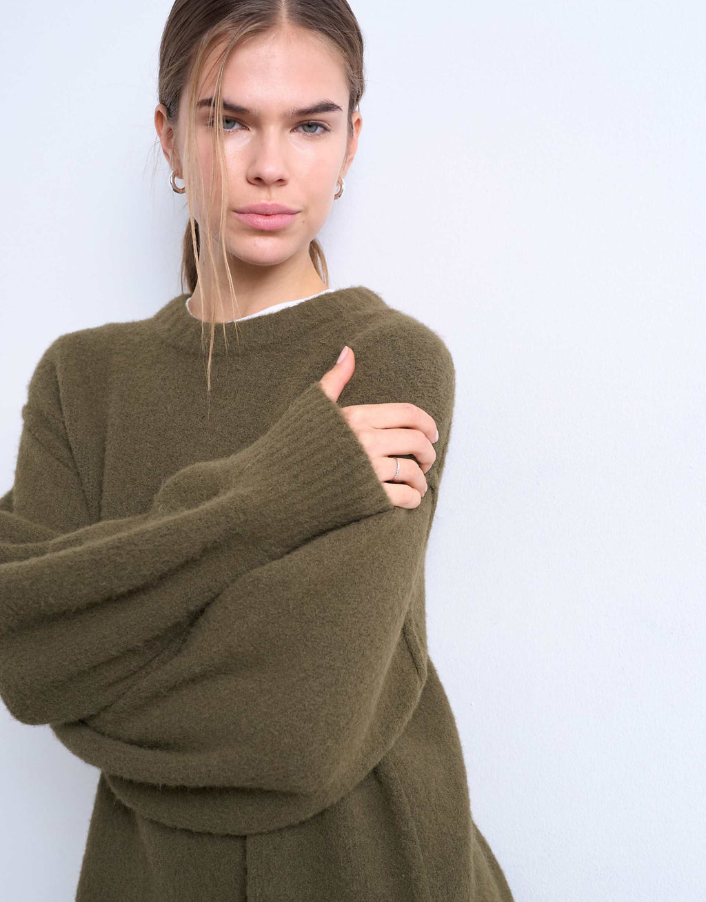 Topshop fluffy knit crew neck mini dress in khaki green