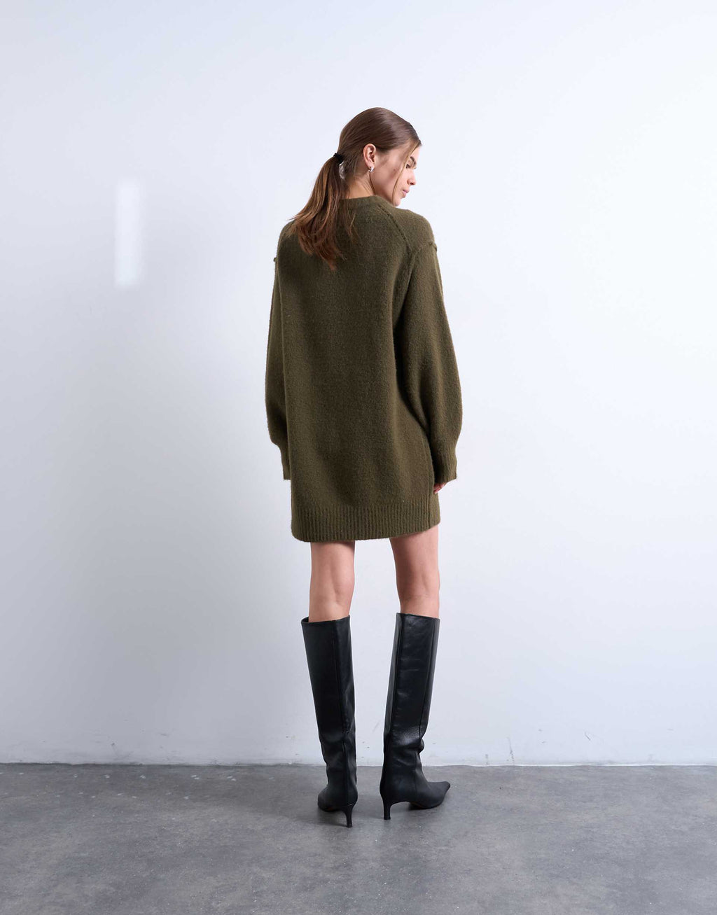 Topshop fluffy knit crew neck mini dress in khaki green