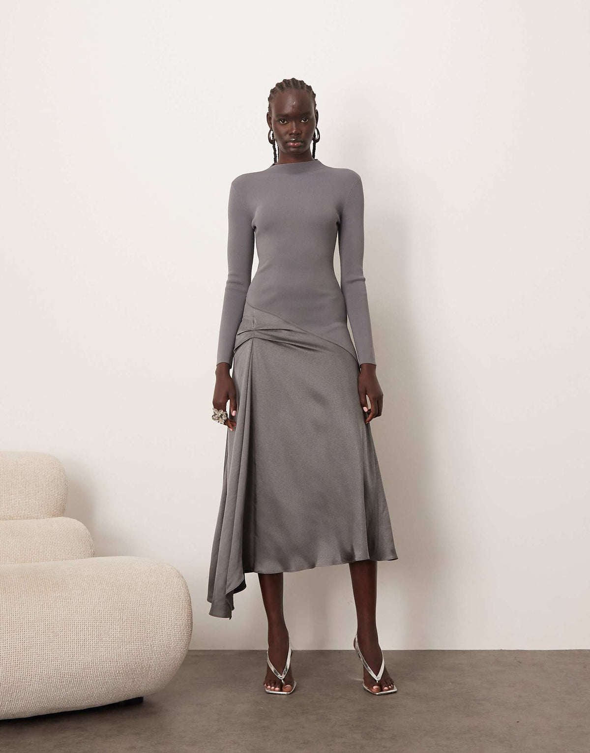 ARRANGE long sleeve hybrid knit midi dress in gray