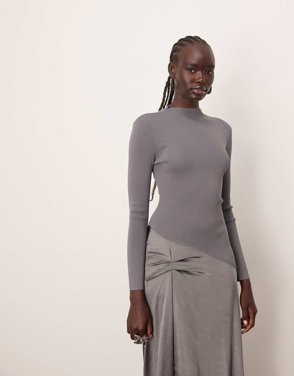 ARRANGE long sleeve hybrid knit midi dress in gray