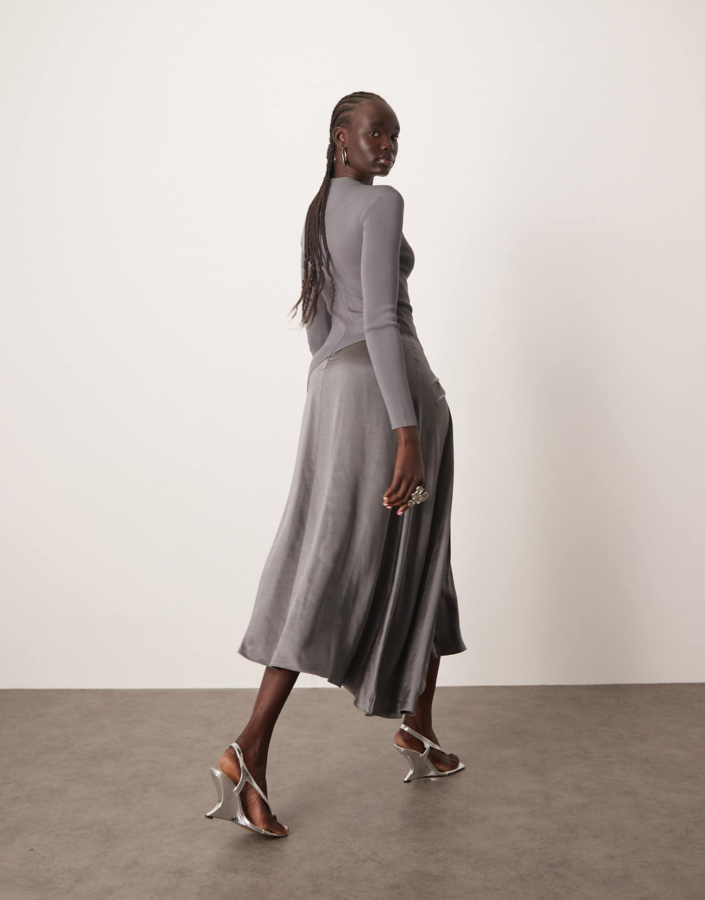 ARRANGE long sleeve hybrid knit midi dress in gray