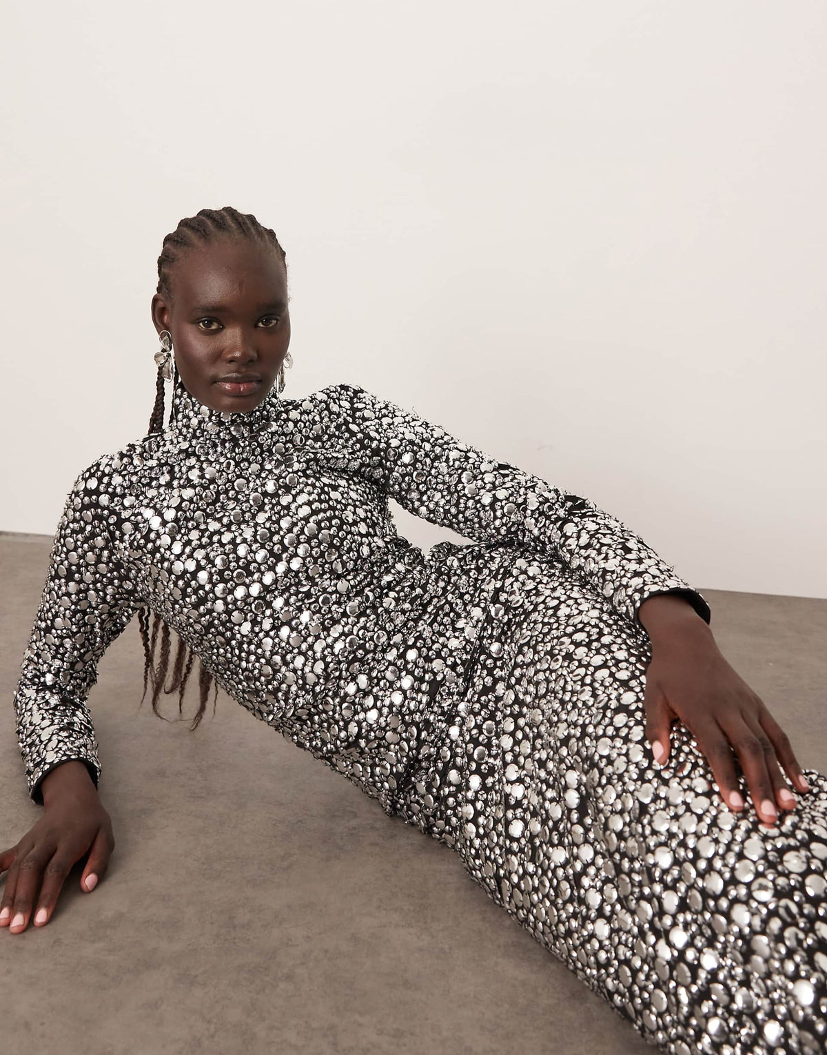 ARRANGE textural sequin high neck long sleeve maxi dress