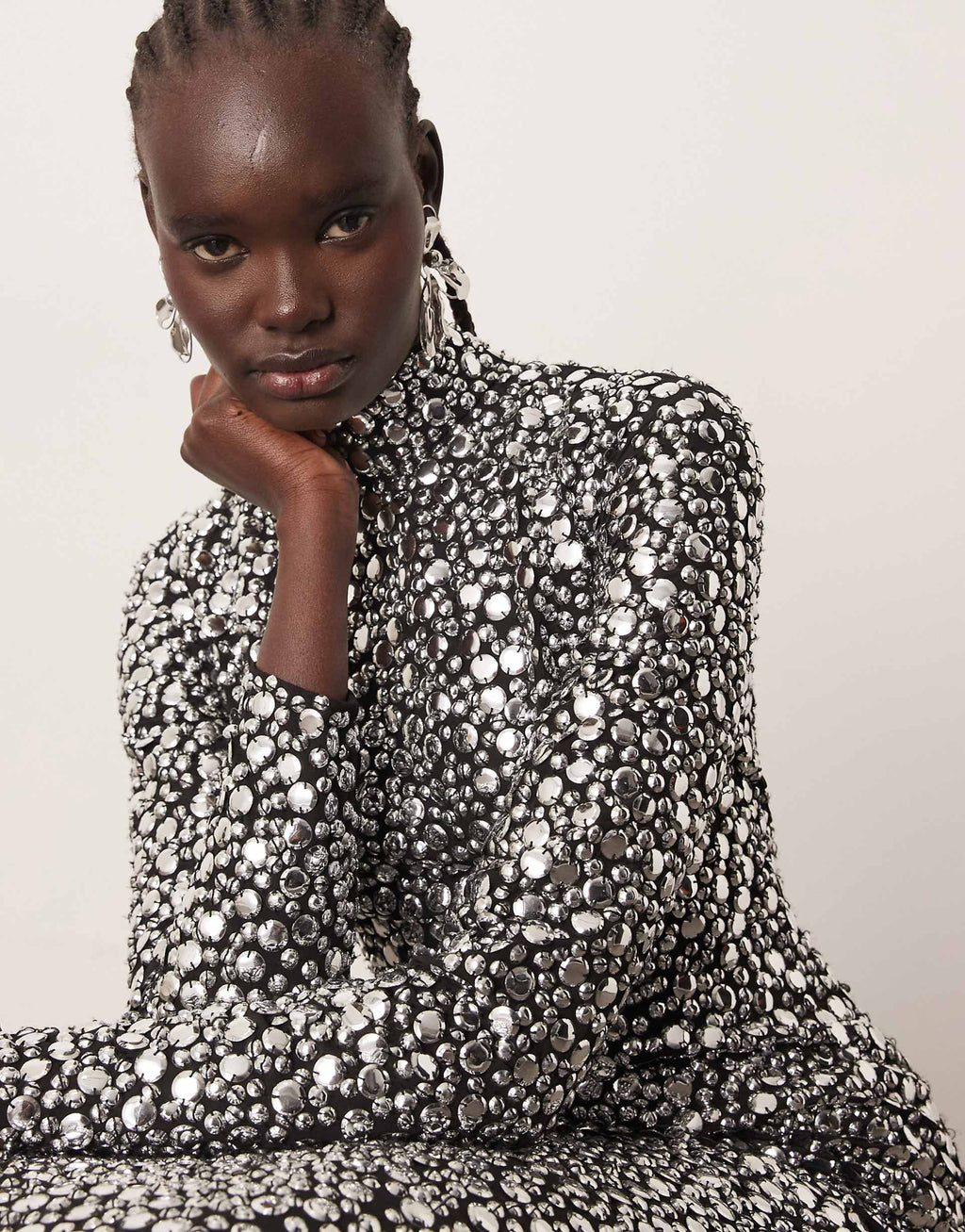 ARRANGE textural sequin high neck long sleeve maxi dress