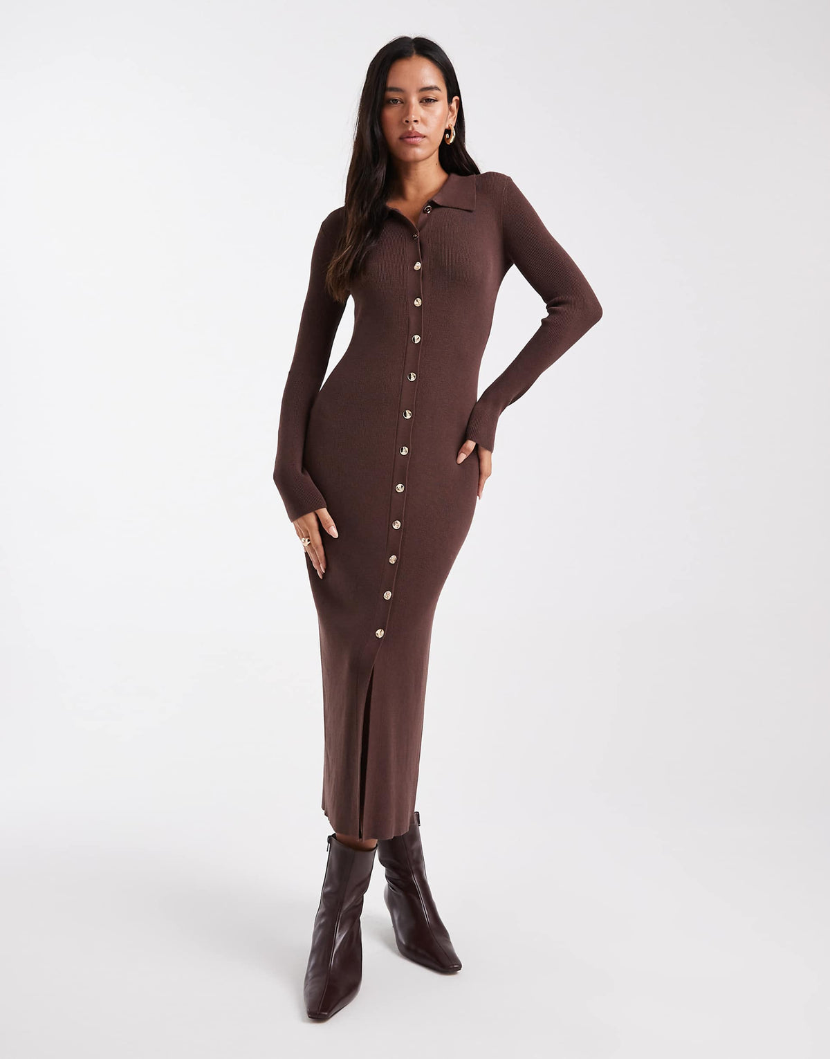 4th & Reckless rib knit gold-tone button up collared maxi dress in chocolate