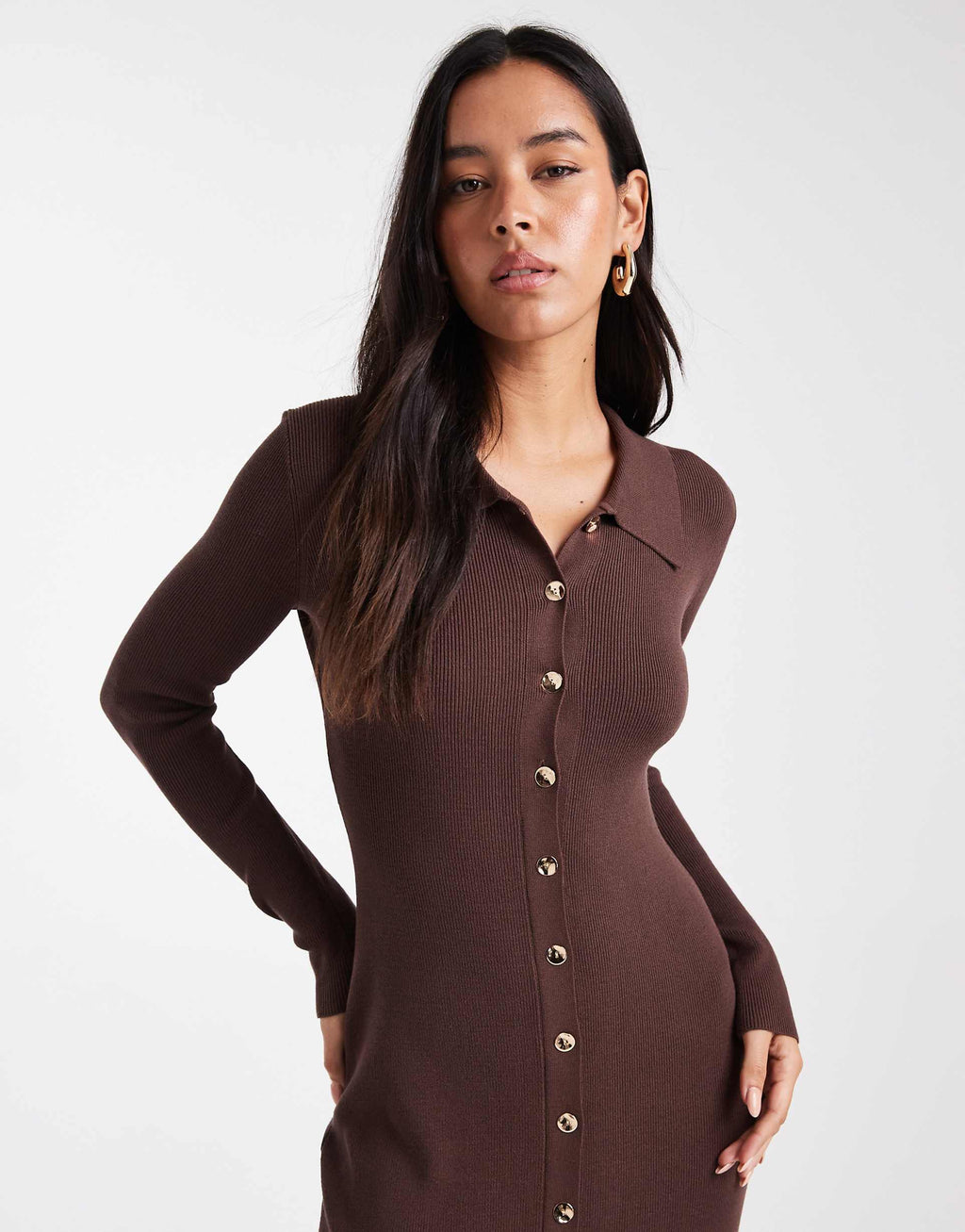 4th & Reckless rib knit gold-tone button up collared maxi dress in chocolate