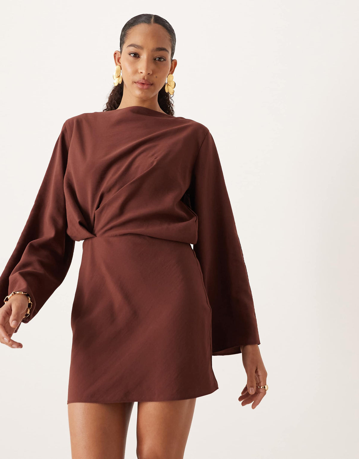 ASOS DESIGN long sleeve tucked waist bias mini dress in chocolate