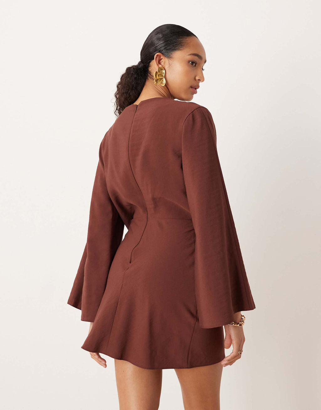 ASOS DESIGN long sleeve tucked waist bias mini dress in chocolate