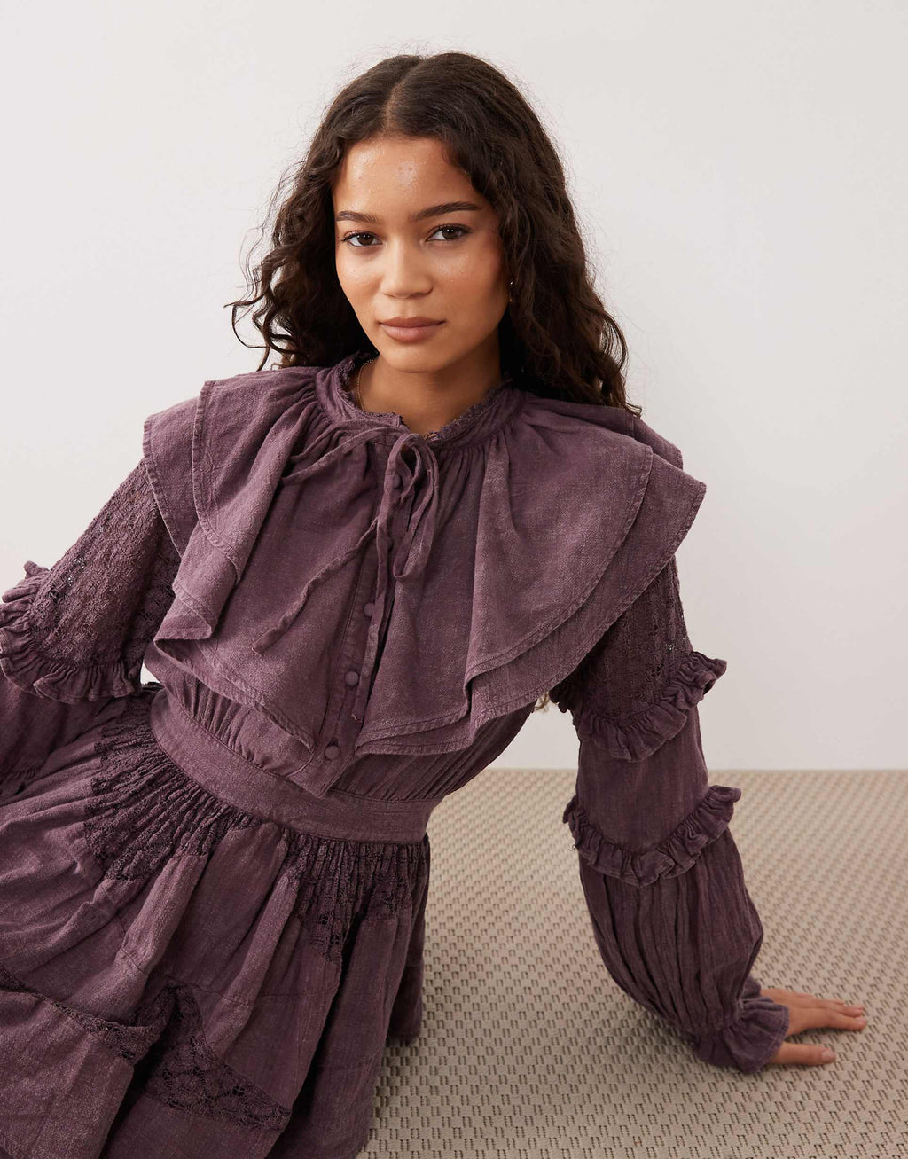 ASOS DESIGN cinched waist mini dress with ruffle details and lace inserts in burgundy
