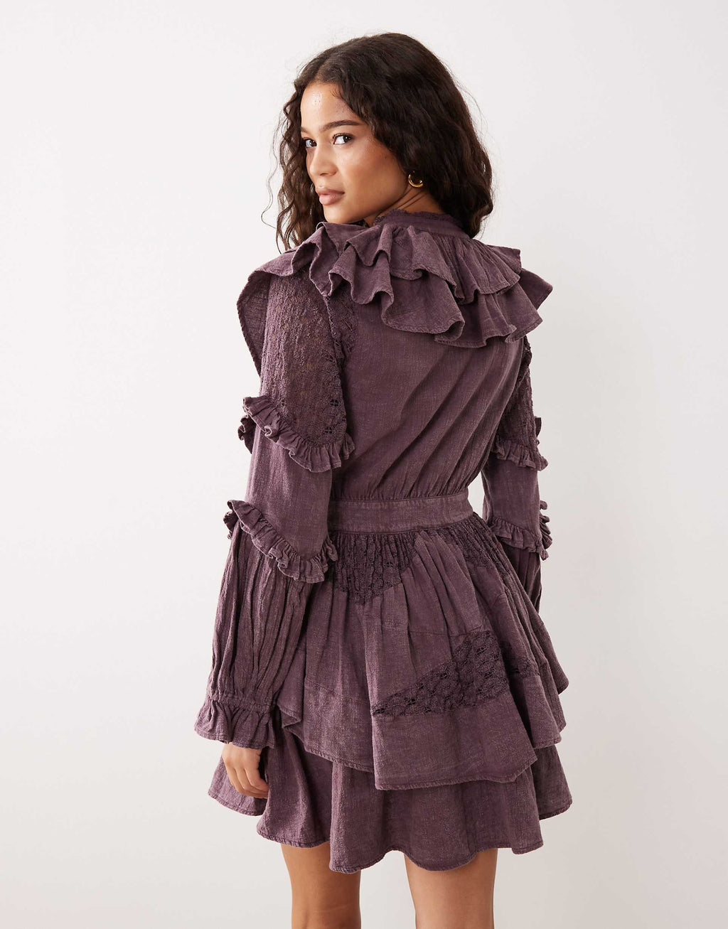 ASOS DESIGN cinched waist mini dress with ruffle details and lace inserts in burgundy