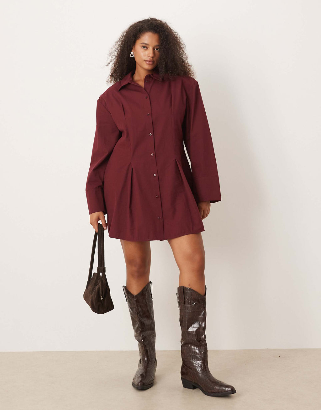 ASOS DESIGN Curve cinched shoulder pad shirt mini dress in burgundy