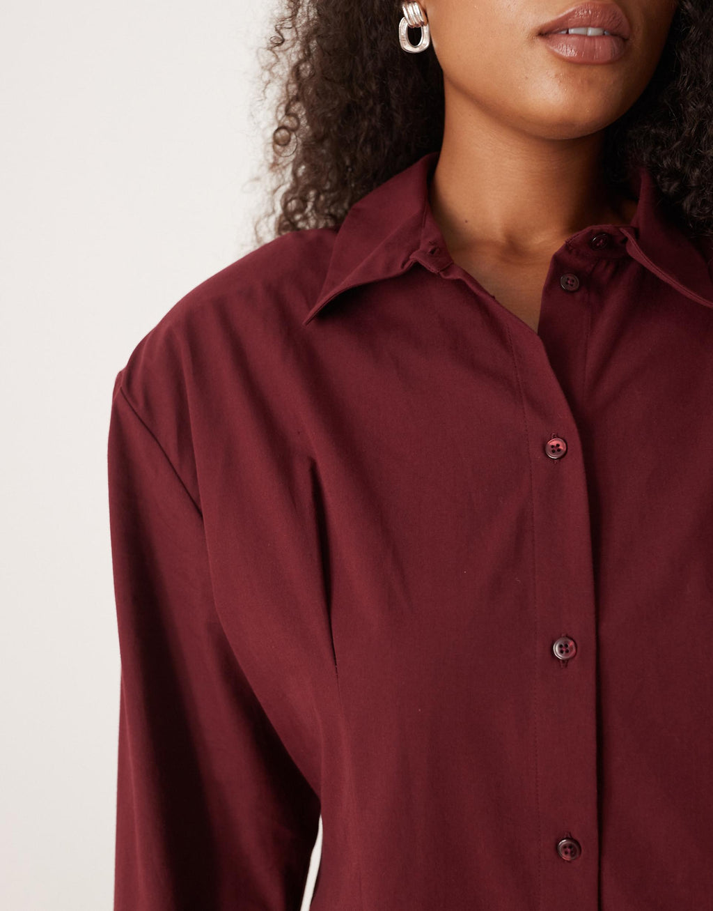 ASOS DESIGN Curve cinched shoulder pad shirt mini dress in burgundy