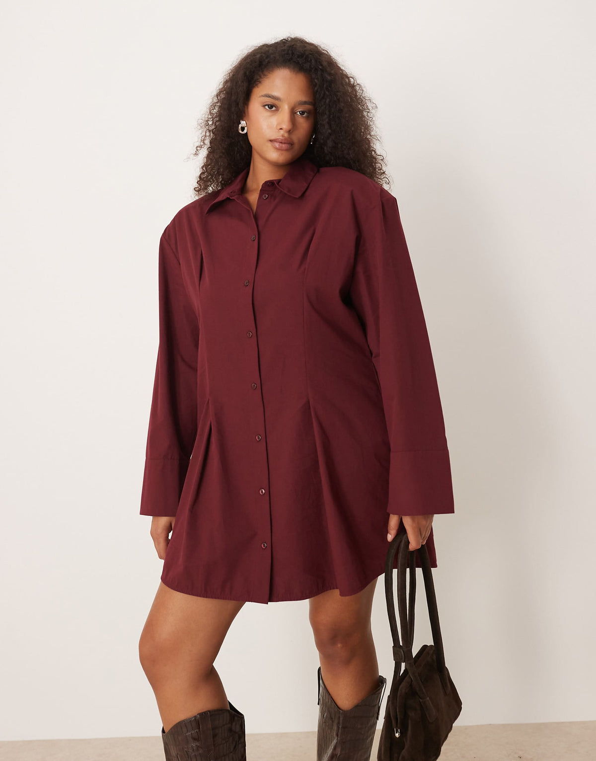 ASOS DESIGN Curve cinched shoulder pad shirt mini dress in burgundy