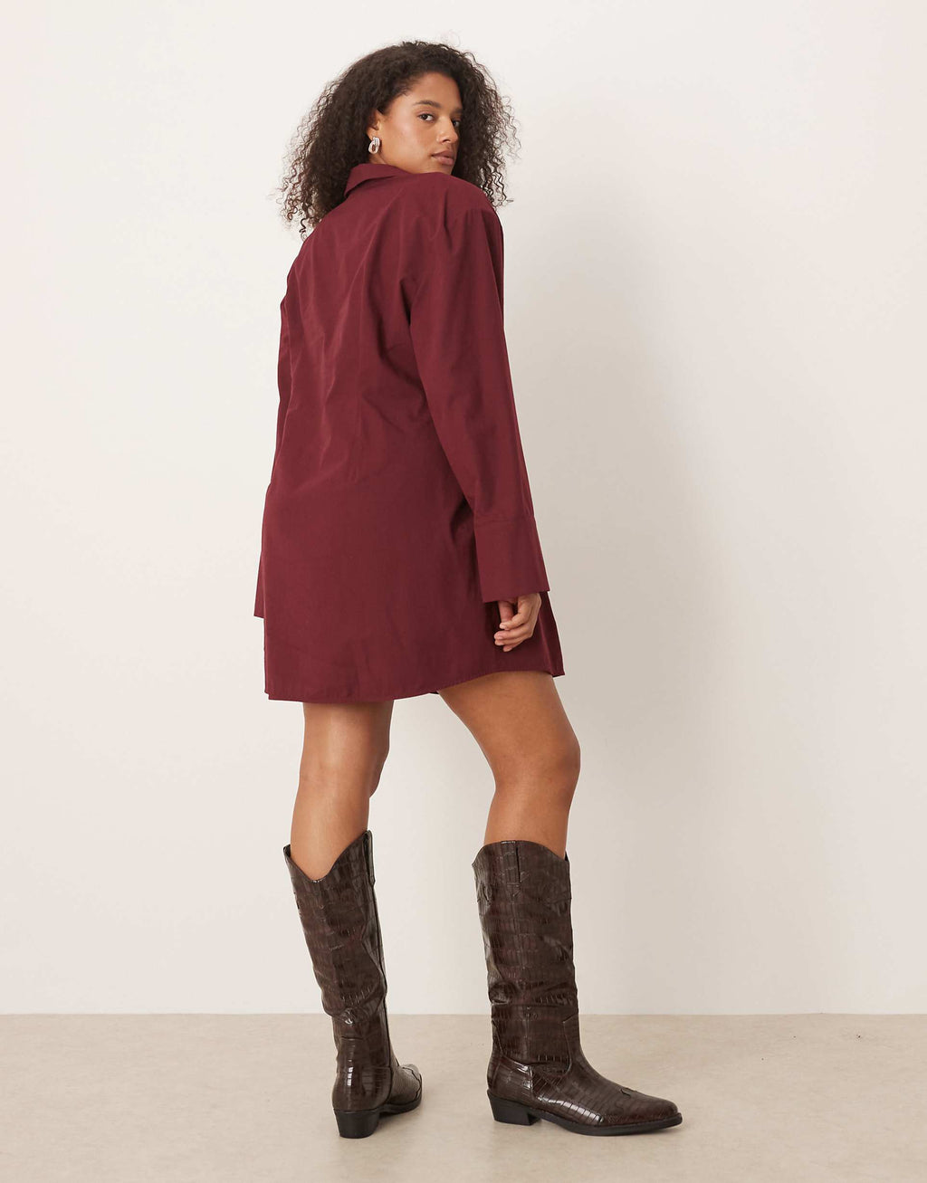 ASOS DESIGN Curve cinched shoulder pad shirt mini dress in burgundy