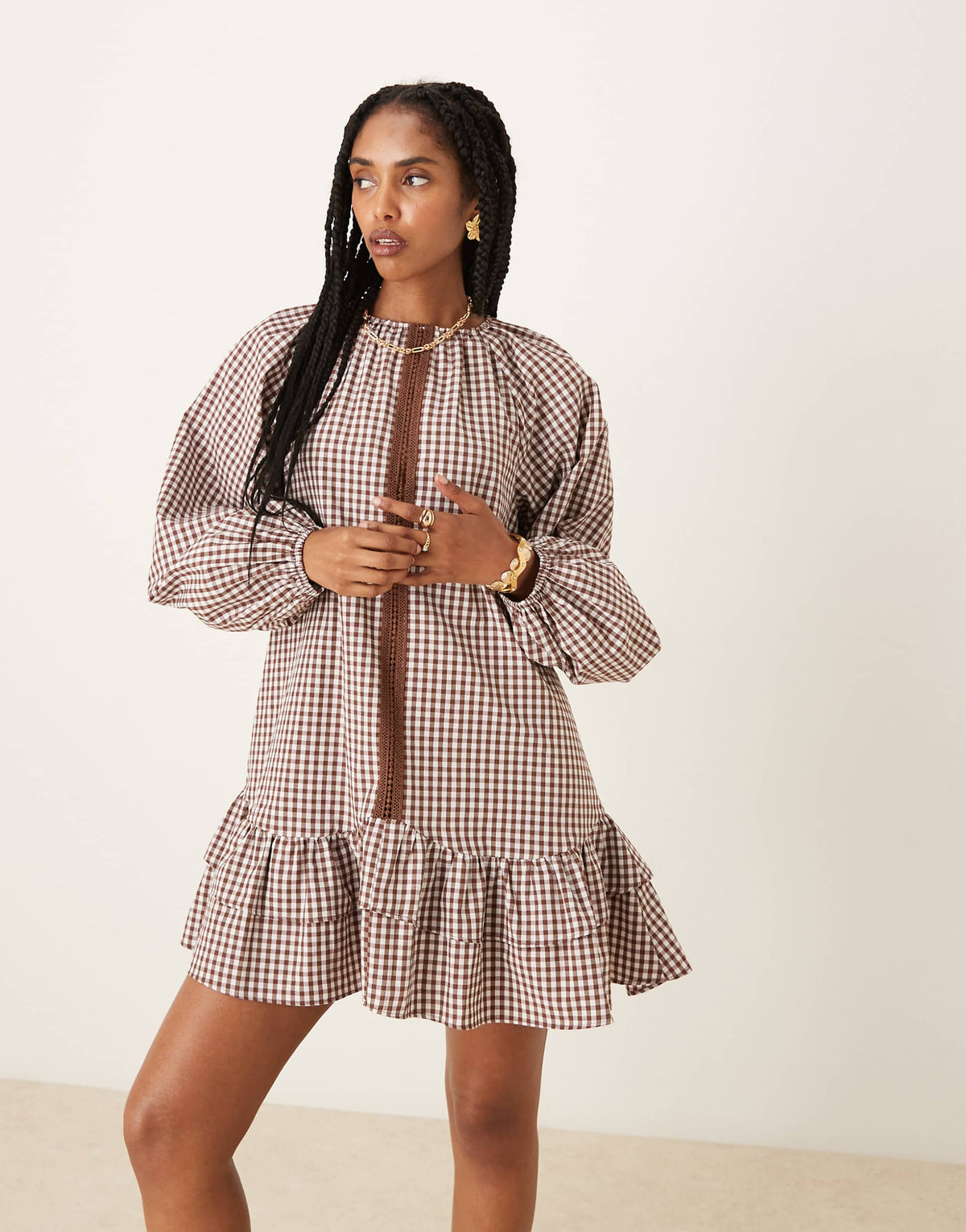 ASOS DESIGN dropped waist frill detail mini dress with lace trim in brown gingham