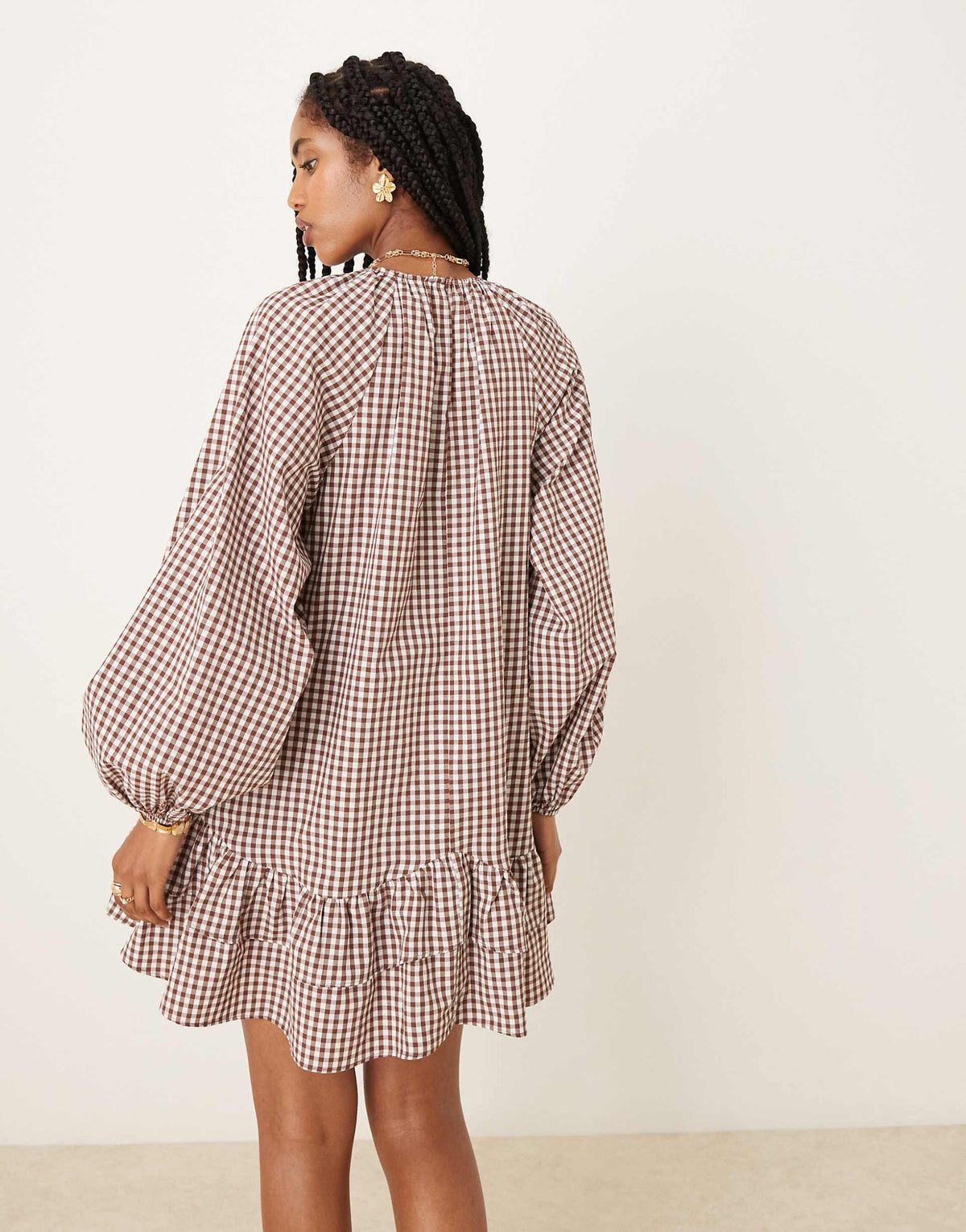 ASOS DESIGN dropped waist frill detail mini dress with lace trim in brown gingham