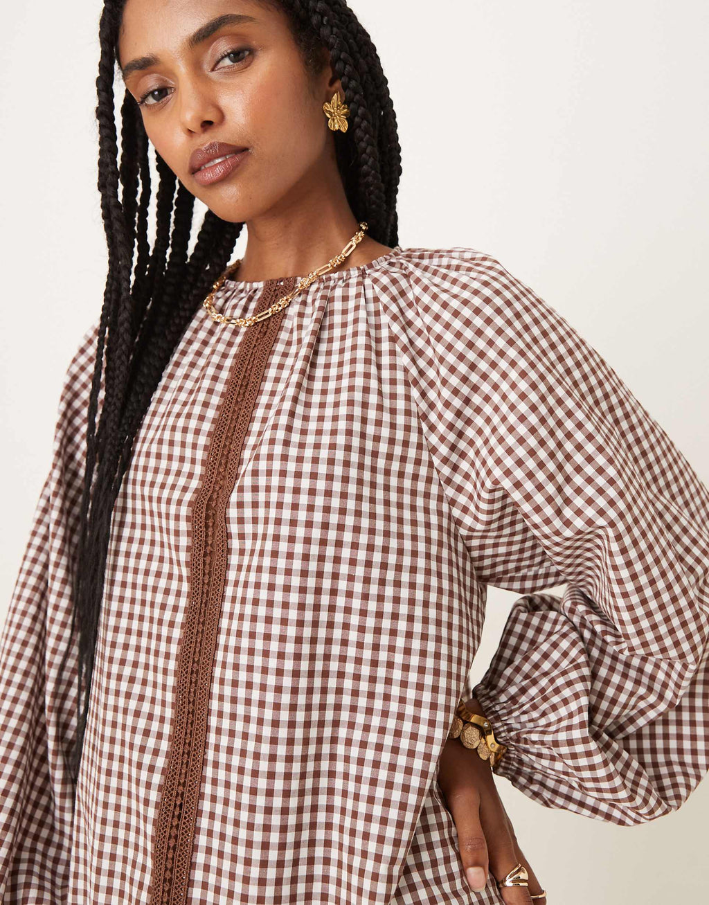 ASOS DESIGN dropped waist frill detail mini dress with lace trim in brown gingham