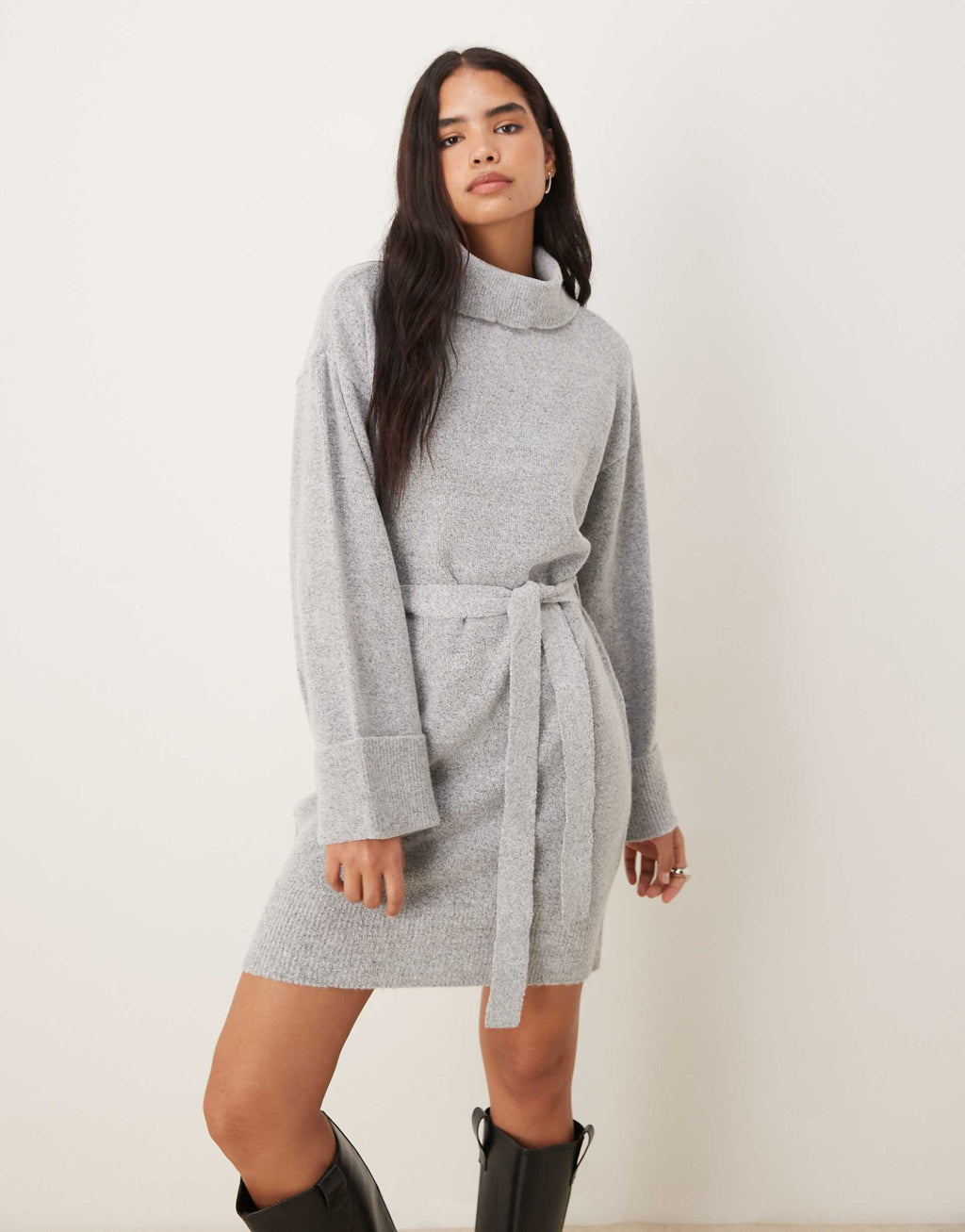 VILA tie waist high neck knit mini dress in light gray melange