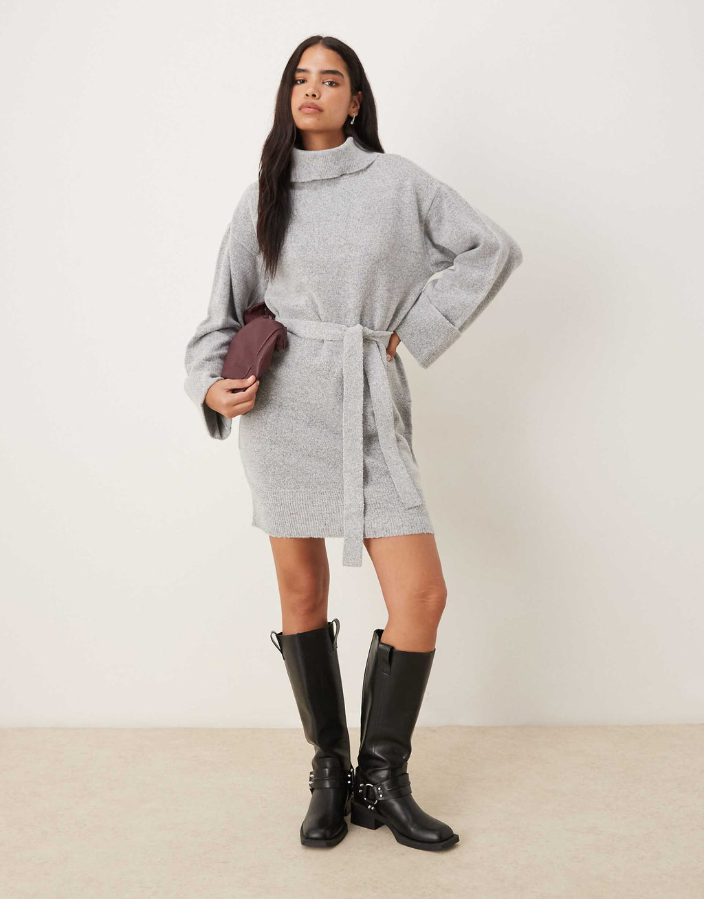 VILA tie waist high neck knit mini dress in light gray melange