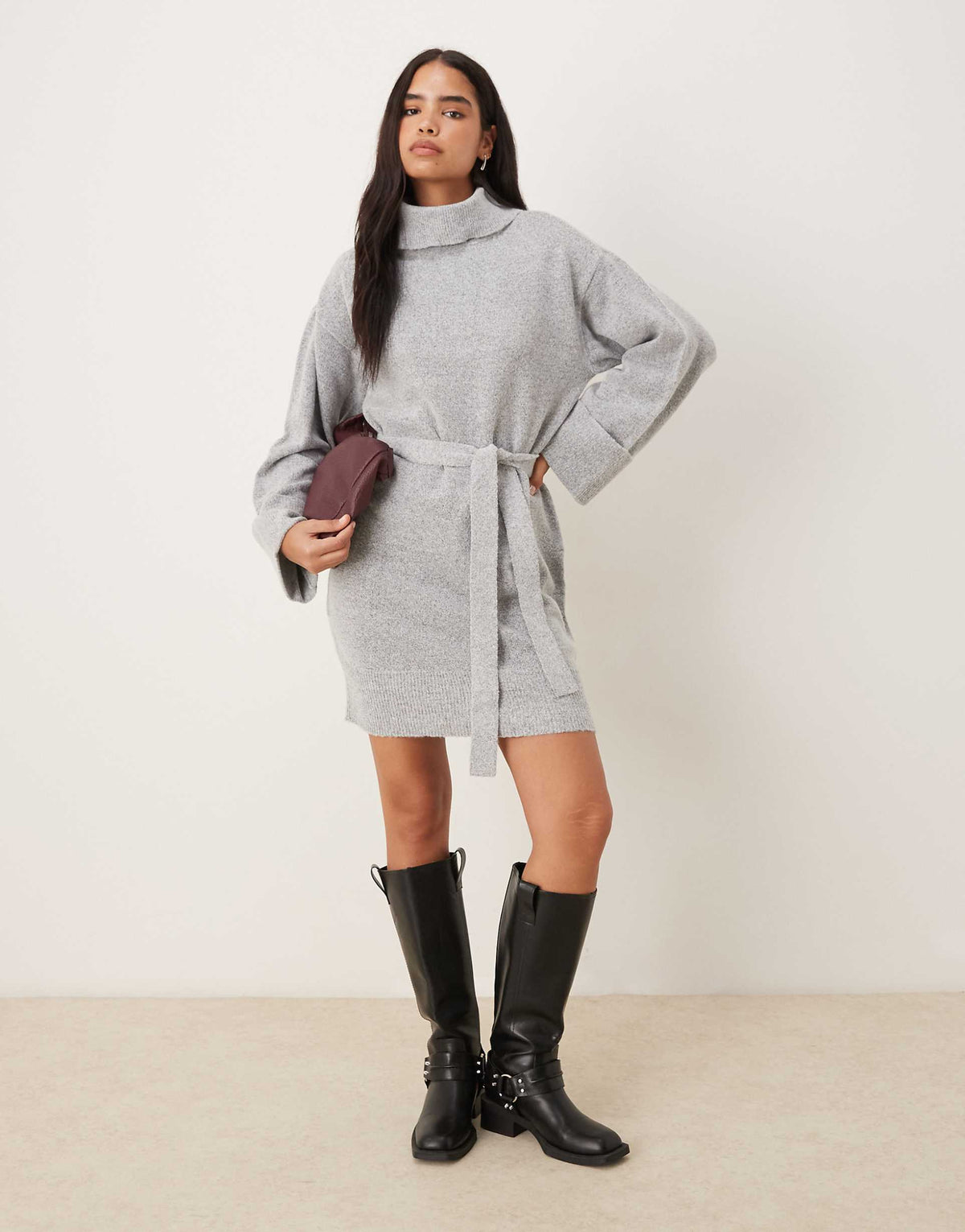 VILA tie waist high neck knit mini dress in light gray melange