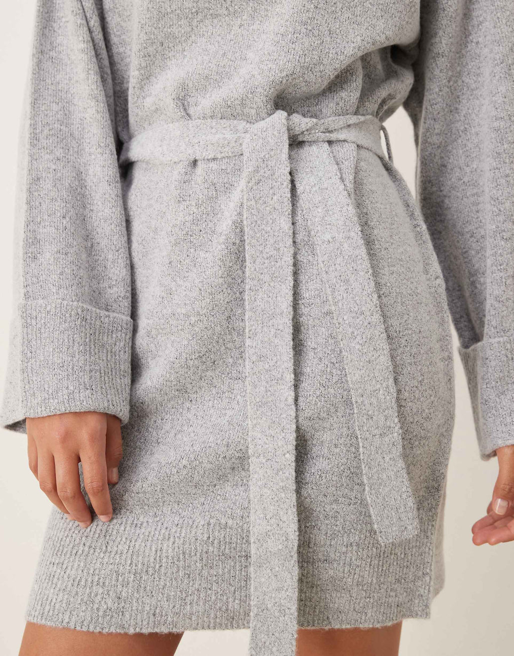 VILA tie waist high neck knit mini dress in light gray melange