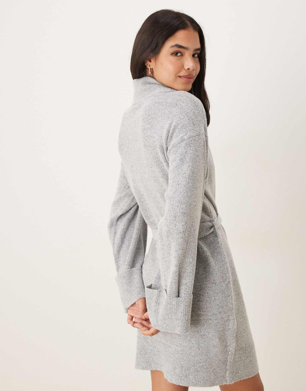 VILA tie waist high neck knit mini dress in light gray melange