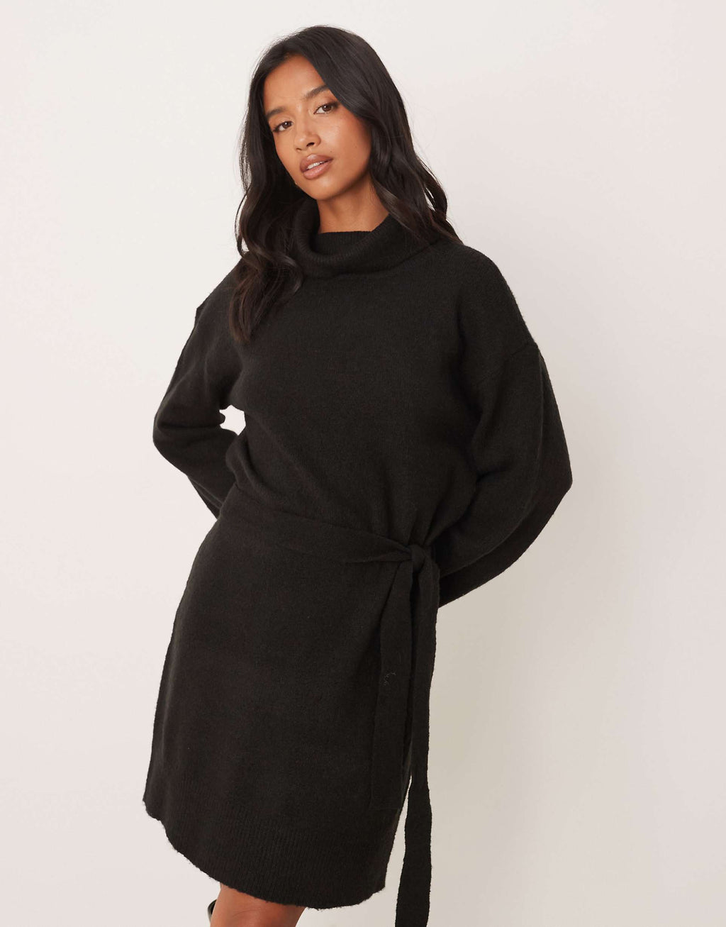 VILA Petite tie waist high neck knit mini dress in black