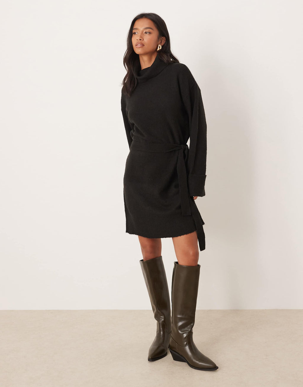 VILA Petite tie waist high neck knit mini dress in black