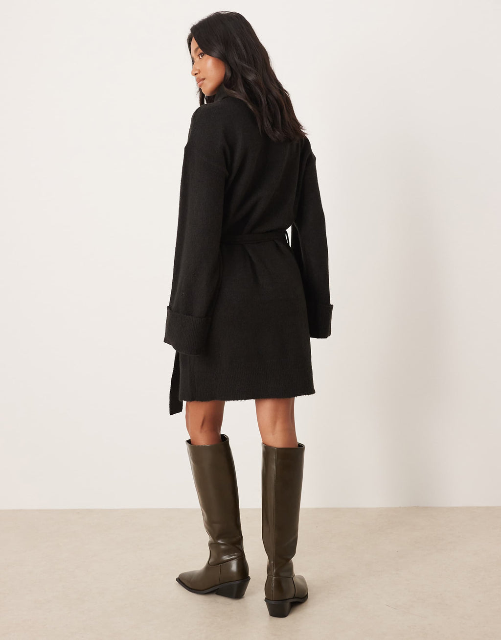 VILA Petite tie waist high neck knit mini dress in black